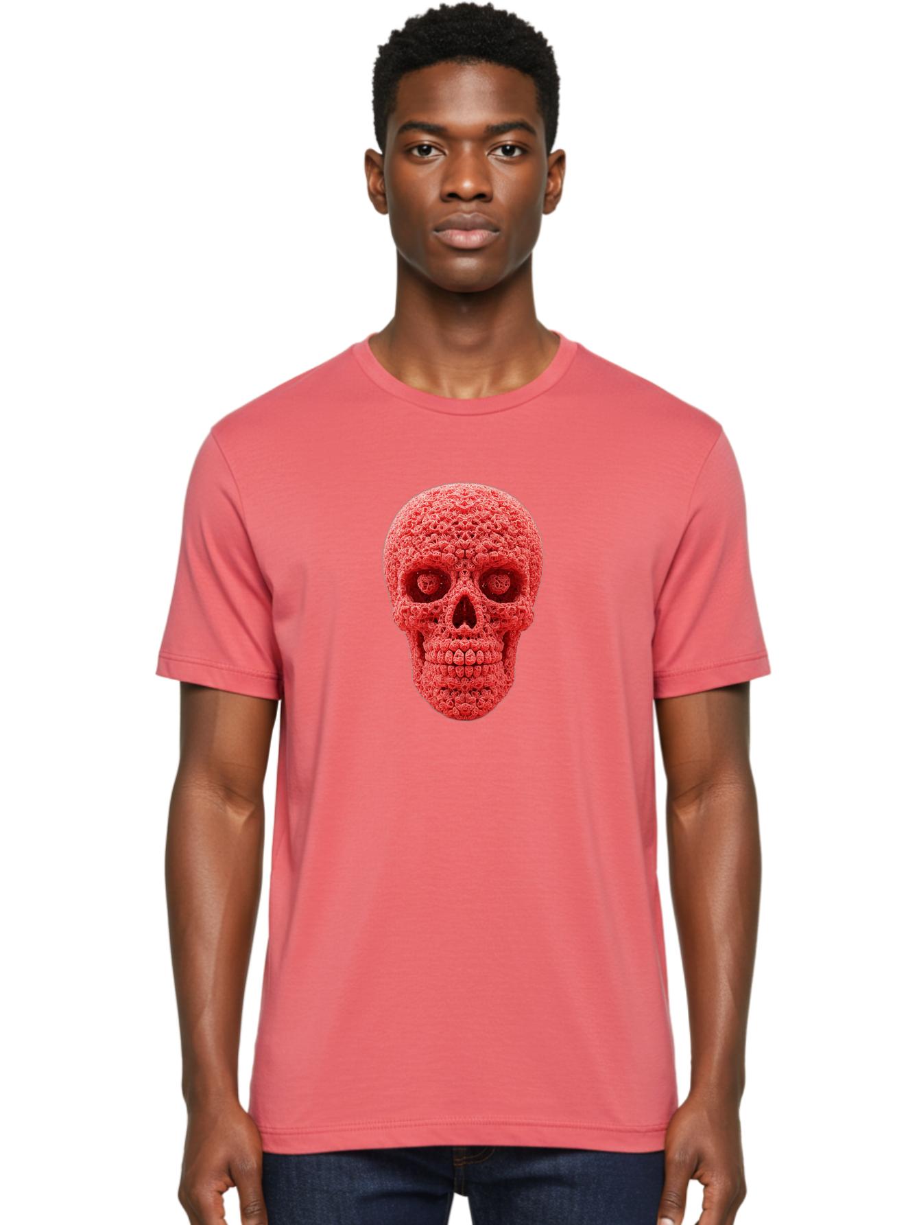 Red-Crochet-Skull Men'S Graphic Tee, 100% Cotton, Comfortable Casual Summer Wear, Machine Washable, Strawberry Skull, Red Fruit, Sugar Skull, Food Art, Creative Dessert, Skull Design, Vibrant Red Color, Unique Food Styling Bad484