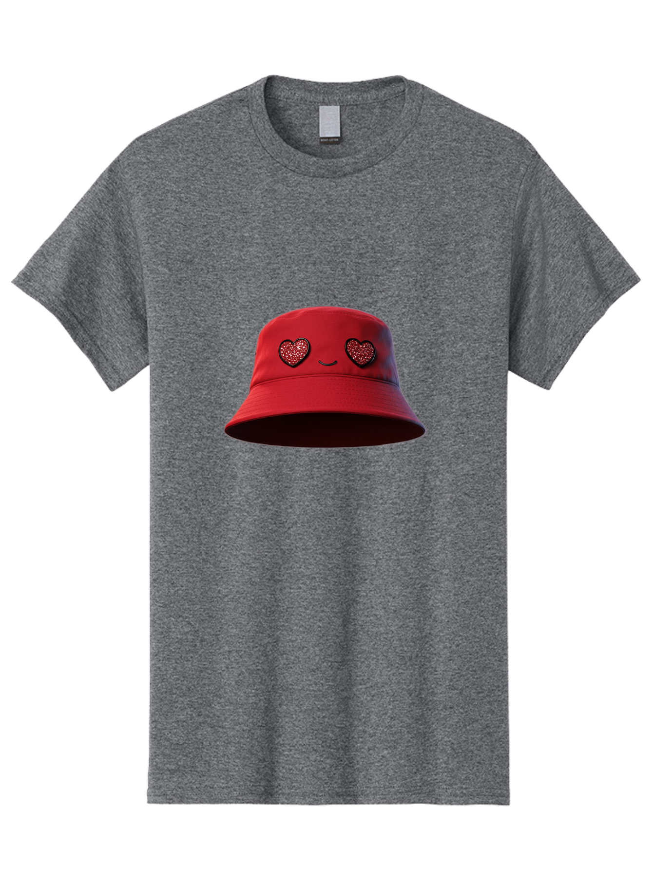 Red-Hat Men'S Graphic Tee, 100% Cotton, Comfortable Casual Summer Wear, Machine Washable, Red Bucket Hat, Heart Eyes, Smiley Face, Fashion Accessory, Streetwear, Casual Style, Hat With Heart Design, Trendy Headwear, Kawaii Fashion Bad485