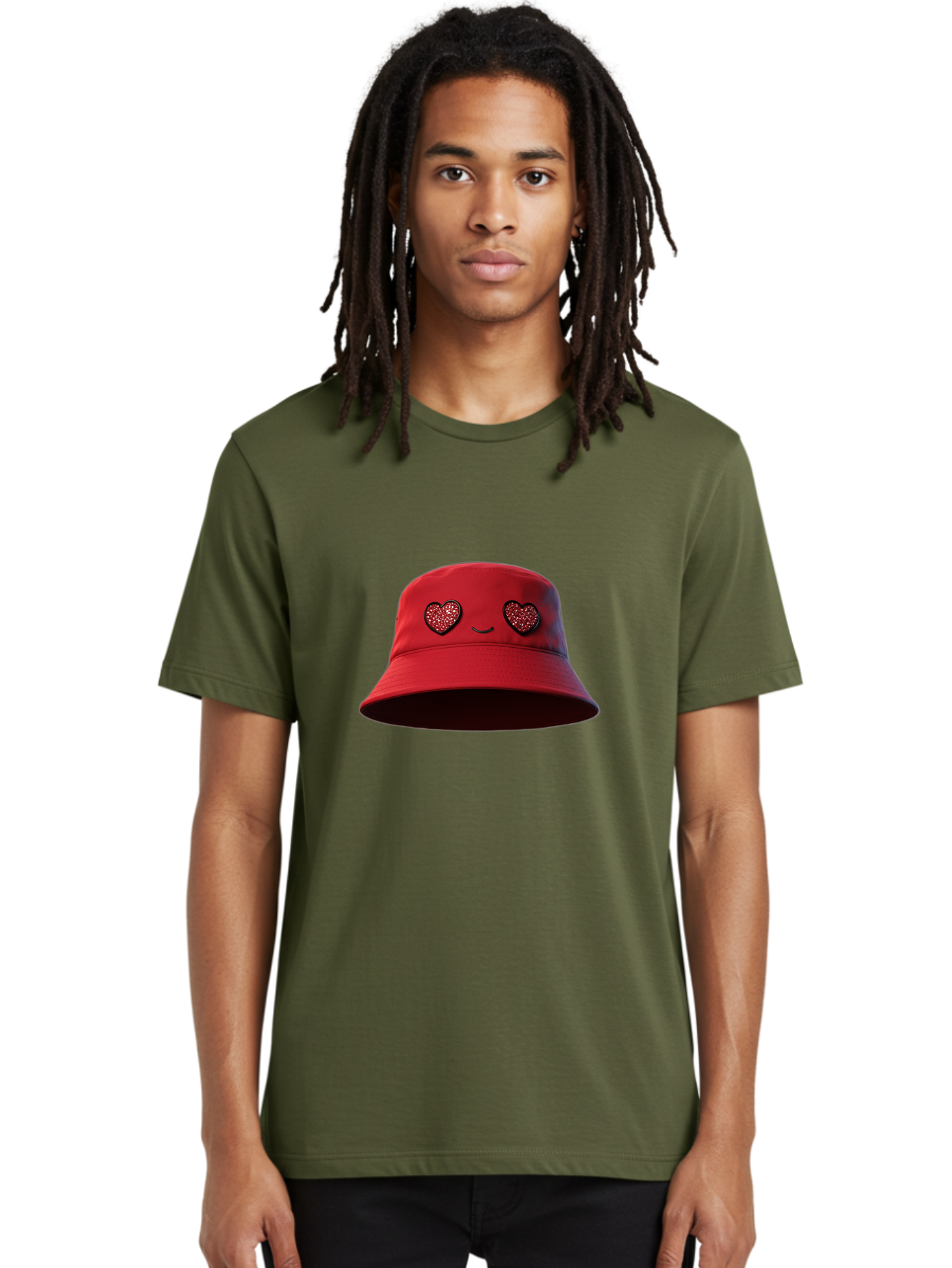 Red-Hat Men'S Graphic Tee, 100% Cotton, Comfortable Casual Summer Wear, Machine Washable, Red Bucket Hat, Heart Eyes, Smiley Face, Fashion Accessory, Streetwear, Casual Style, Hat With Heart Design, Trendy Headwear, Kawaii Fashion Bad485