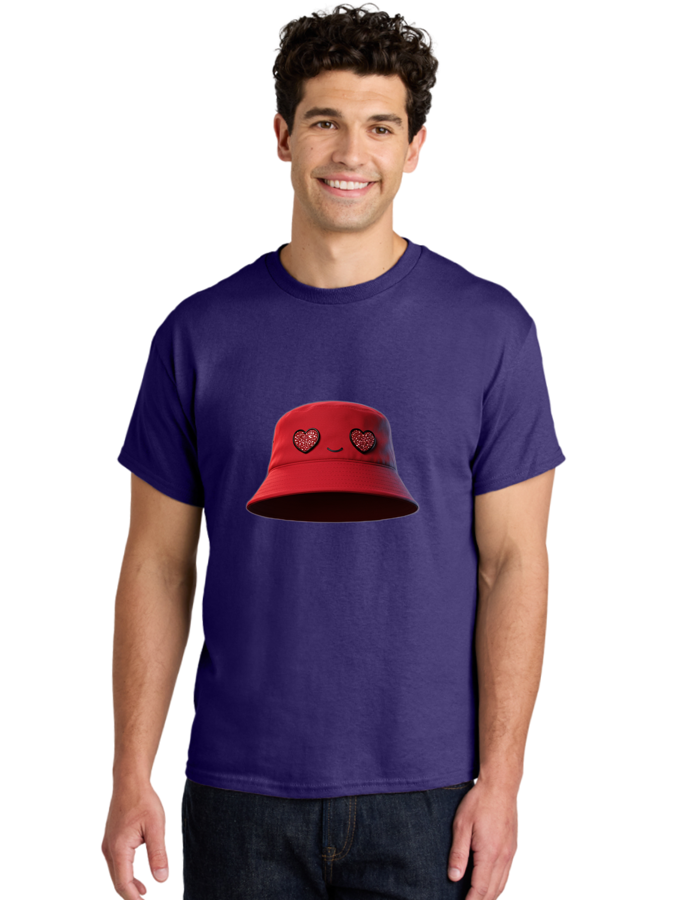 Red-Hat Men'S Graphic Tee, 100% Cotton, Comfortable Casual Summer Wear, Machine Washable, Red Bucket Hat, Heart Eyes, Smiley Face, Fashion Accessory, Streetwear, Casual Style, Hat With Heart Design, Trendy Headwear, Kawaii Fashion Bad485