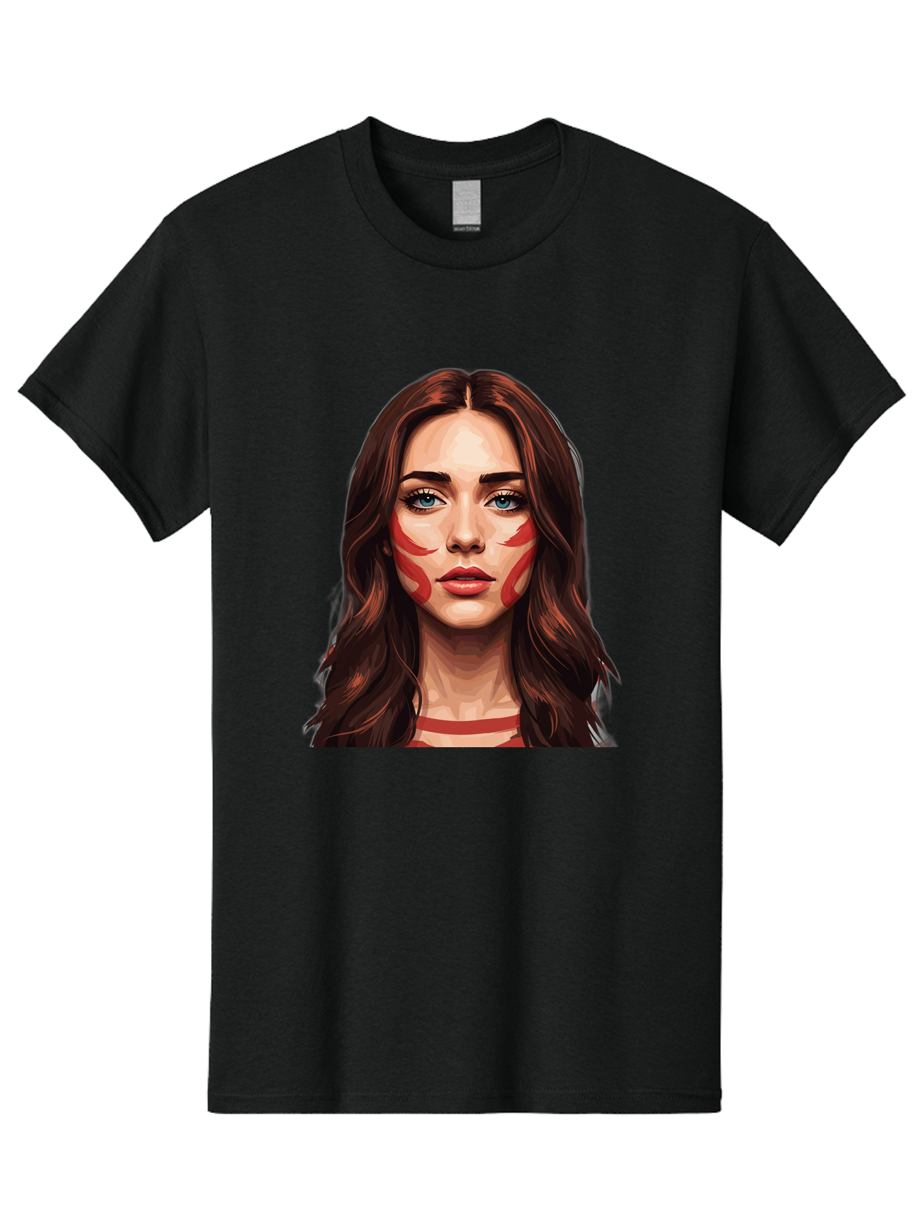 Red-Warrior-Woman Men'S Graphic Tee, 100% Cotton, Comfortable Casual Summer Wear, Machine Washable, Digital Art, Portrait Of A Woman, Red Stripes On Face, Blue Eyes, Long Brown Hair, Red Choker, Bold Makeup, Artistic Expression, Bad487