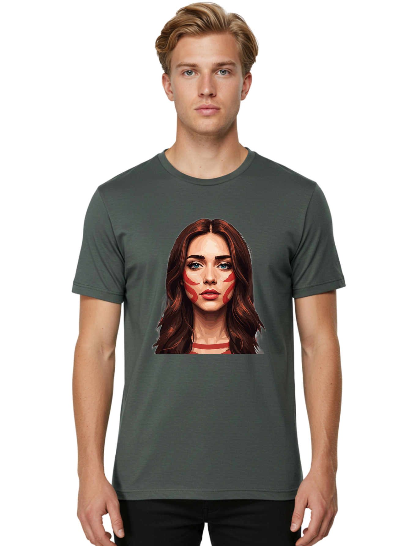 Red-Warrior-Woman Men'S Graphic Tee, 100% Cotton, Comfortable Casual Summer Wear, Machine Washable, Digital Art, Portrait Of A Woman, Red Stripes On Face, Blue Eyes, Long Brown Hair, Red Choker, Bold Makeup, Artistic Expression, Bad487