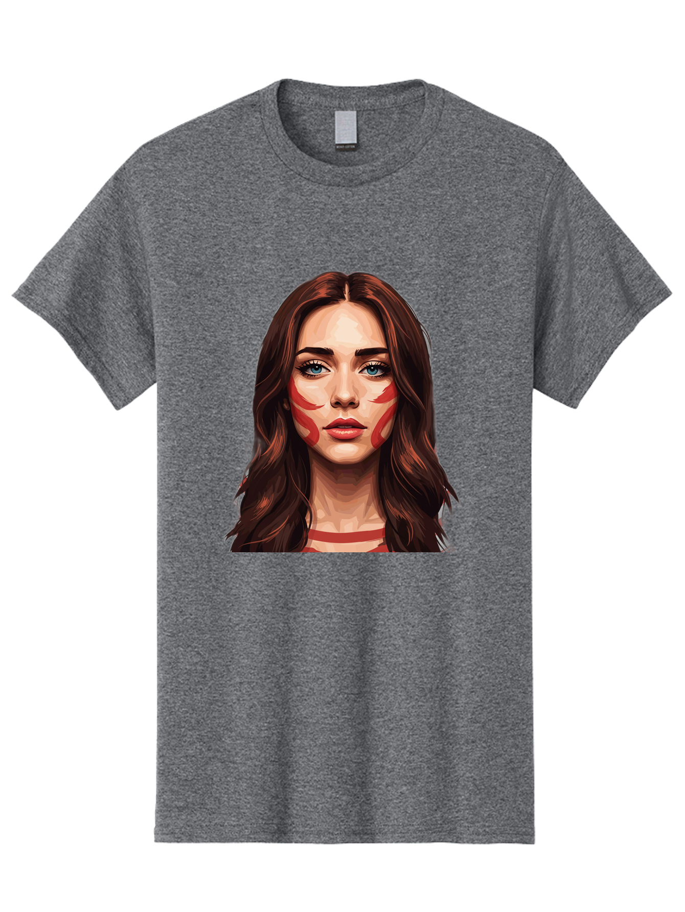 Red-Warrior-Woman Men'S Graphic Tee, 100% Cotton, Comfortable Casual Summer Wear, Machine Washable, Digital Art, Portrait Of A Woman, Red Stripes On Face, Blue Eyes, Long Brown Hair, Red Choker, Bold Makeup, Artistic Expression, Bad487