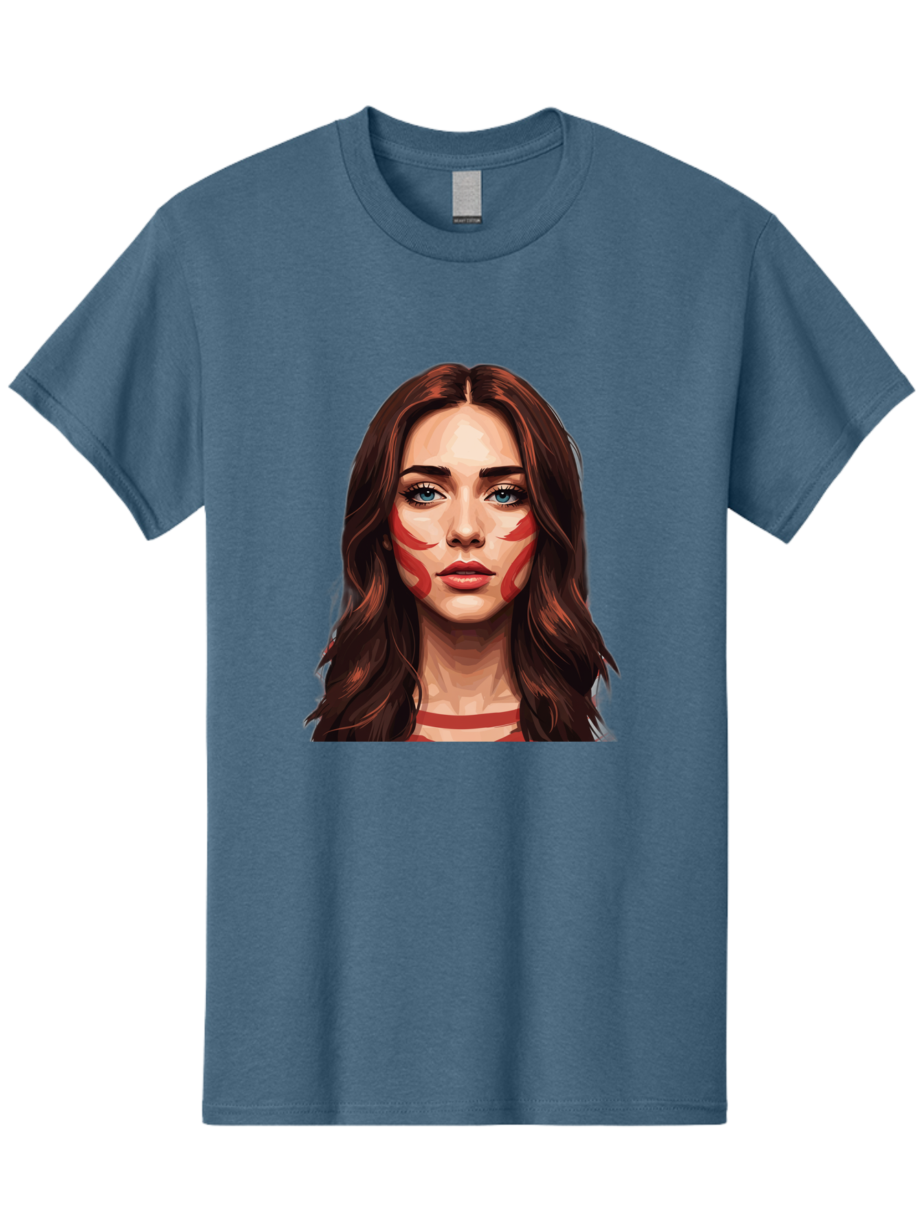 Red-Warrior-Woman Men'S Graphic Tee, 100% Cotton, Comfortable Casual Summer Wear, Machine Washable, Digital Art, Portrait Of A Woman, Red Stripes On Face, Blue Eyes, Long Brown Hair, Red Choker, Bold Makeup, Artistic Expression, Bad487