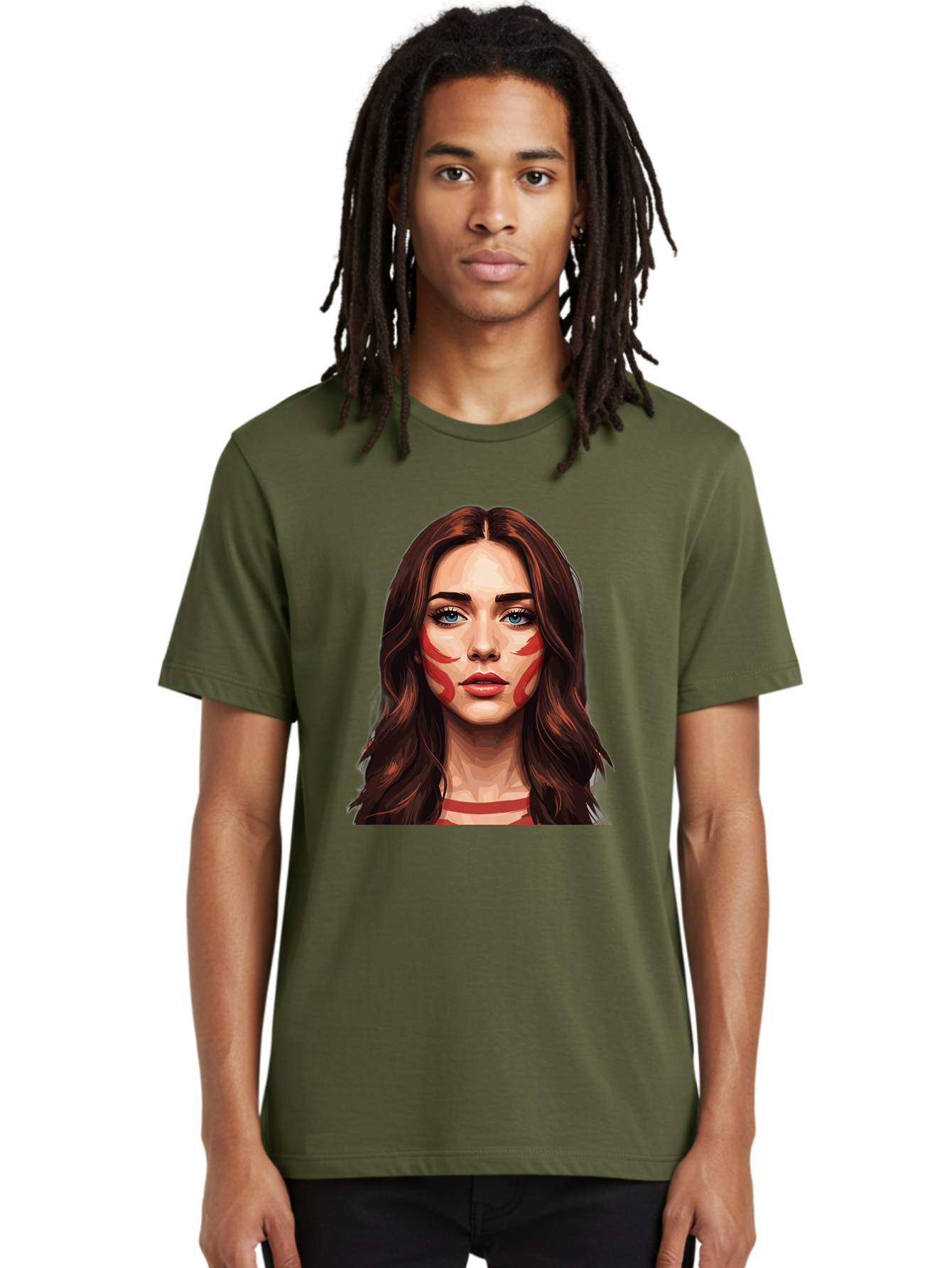 Red-Warrior-Woman Men'S Graphic Tee, 100% Cotton, Comfortable Casual Summer Wear, Machine Washable, Digital Art, Portrait Of A Woman, Red Stripes On Face, Blue Eyes, Long Brown Hair, Red Choker, Bold Makeup, Artistic Expression, Bad487