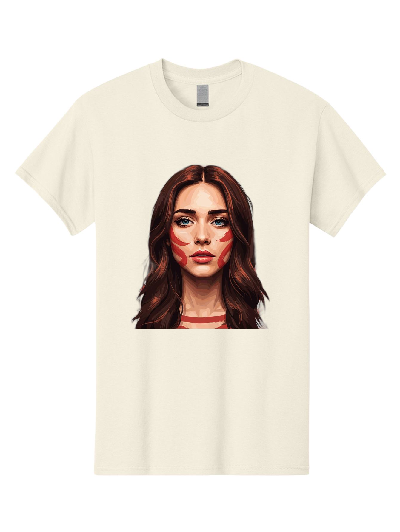 Red-Warrior-Woman Men'S Graphic Tee, 100% Cotton, Comfortable Casual Summer Wear, Machine Washable, Digital Art, Portrait Of A Woman, Red Stripes On Face, Blue Eyes, Long Brown Hair, Red Choker, Bold Makeup, Artistic Expression, Bad487