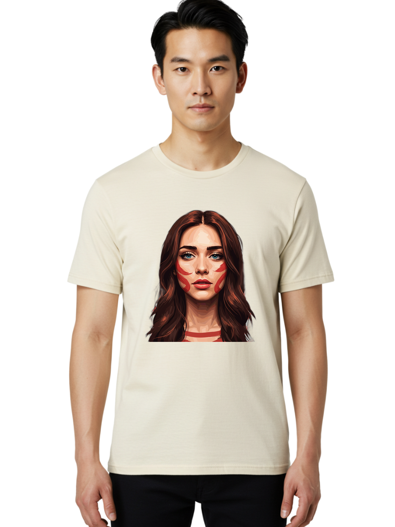 Red-Warrior-Woman Men'S Graphic Tee, 100% Cotton, Comfortable Casual Summer Wear, Machine Washable, Digital Art, Portrait Of A Woman, Red Stripes On Face, Blue Eyes, Long Brown Hair, Red Choker, Bold Makeup, Artistic Expression, Bad487