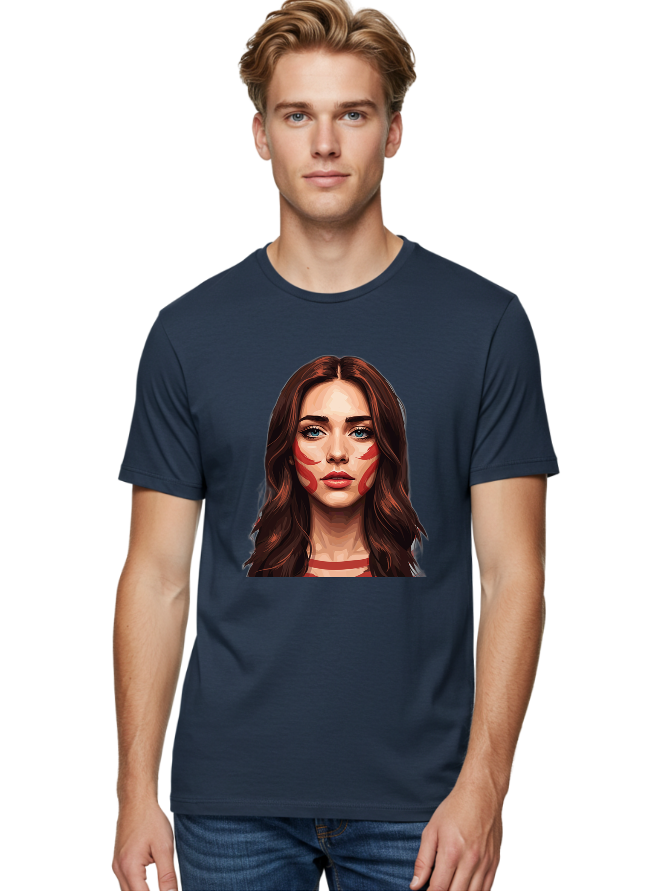 Red-Warrior-Woman Men'S Graphic Tee, 100% Cotton, Comfortable Casual Summer Wear, Machine Washable, Digital Art, Portrait Of A Woman, Red Stripes On Face, Blue Eyes, Long Brown Hair, Red Choker, Bold Makeup, Artistic Expression, Bad487