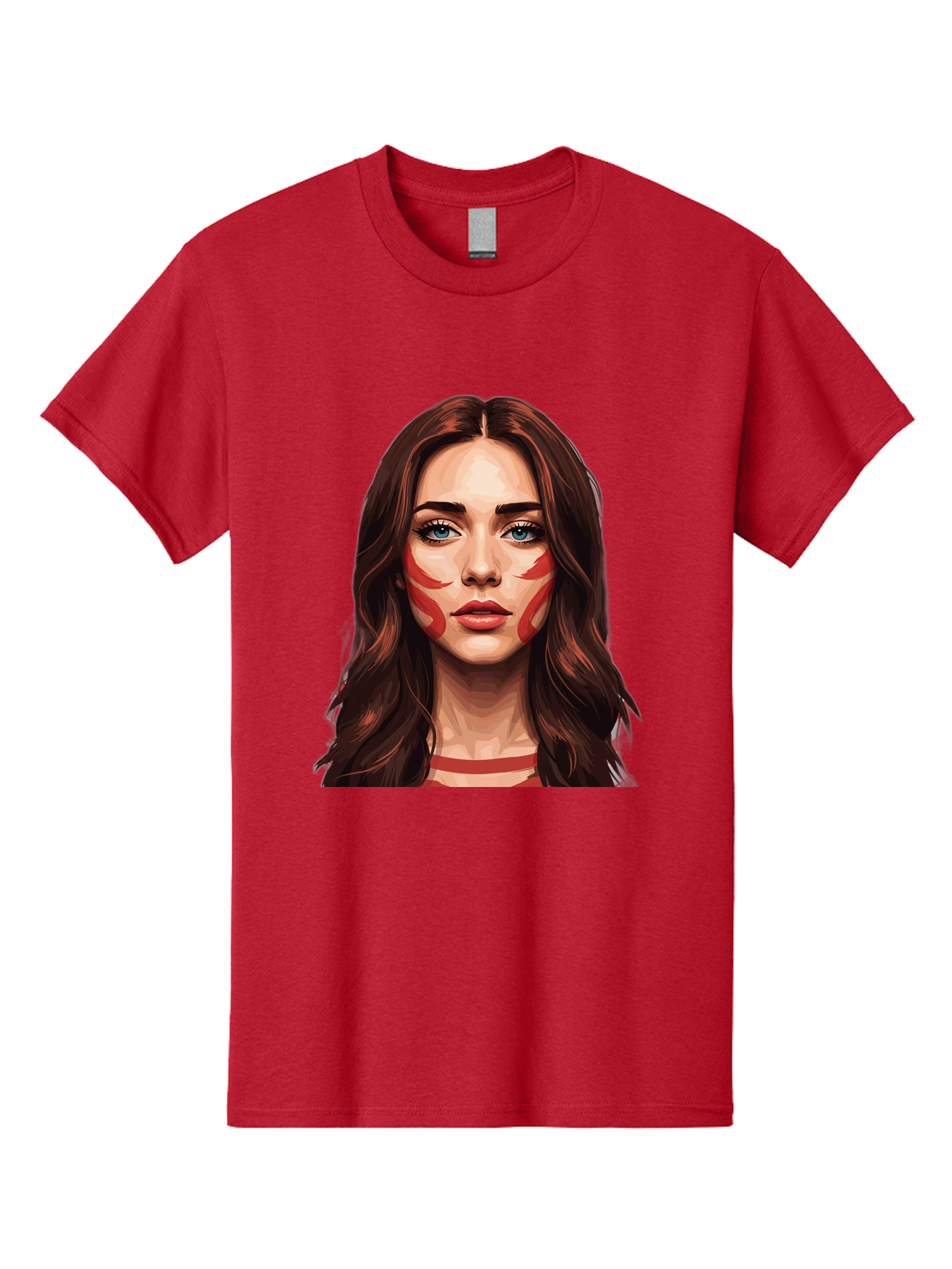 Red-Warrior-Woman Men'S Graphic Tee, 100% Cotton, Comfortable Casual Summer Wear, Machine Washable, Digital Art, Portrait Of A Woman, Red Stripes On Face, Blue Eyes, Long Brown Hair, Red Choker, Bold Makeup, Artistic Expression, Bad487