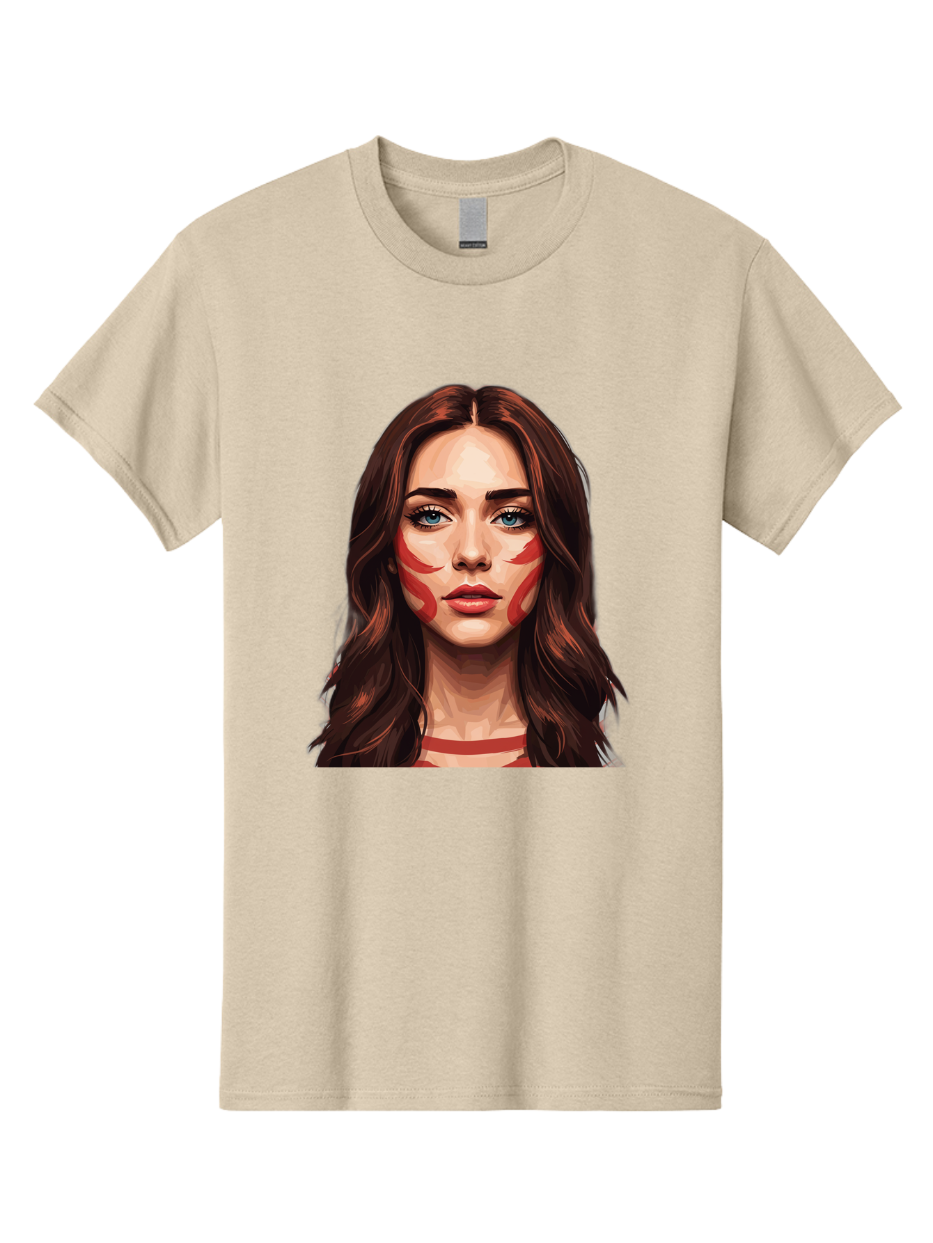 Red-Warrior-Woman Men'S Graphic Tee, 100% Cotton, Comfortable Casual Summer Wear, Machine Washable, Digital Art, Portrait Of A Woman, Red Stripes On Face, Blue Eyes, Long Brown Hair, Red Choker, Bold Makeup, Artistic Expression, Bad487