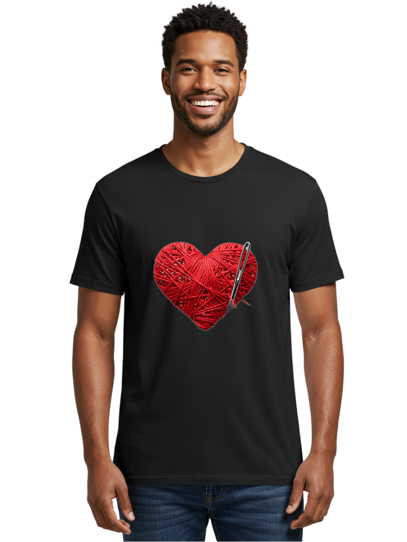 Red-Yarn-Heart Men'S Graphic Tee, 100% Cotton, Comfortable Casual Summer Wear, Machine Washable, Heart Made Of Red Yarn, Knitting Needle, Creative Craft, Handmade Love, Diy Project, Cozy Atmosphere, Knitting Hobby Bad488
