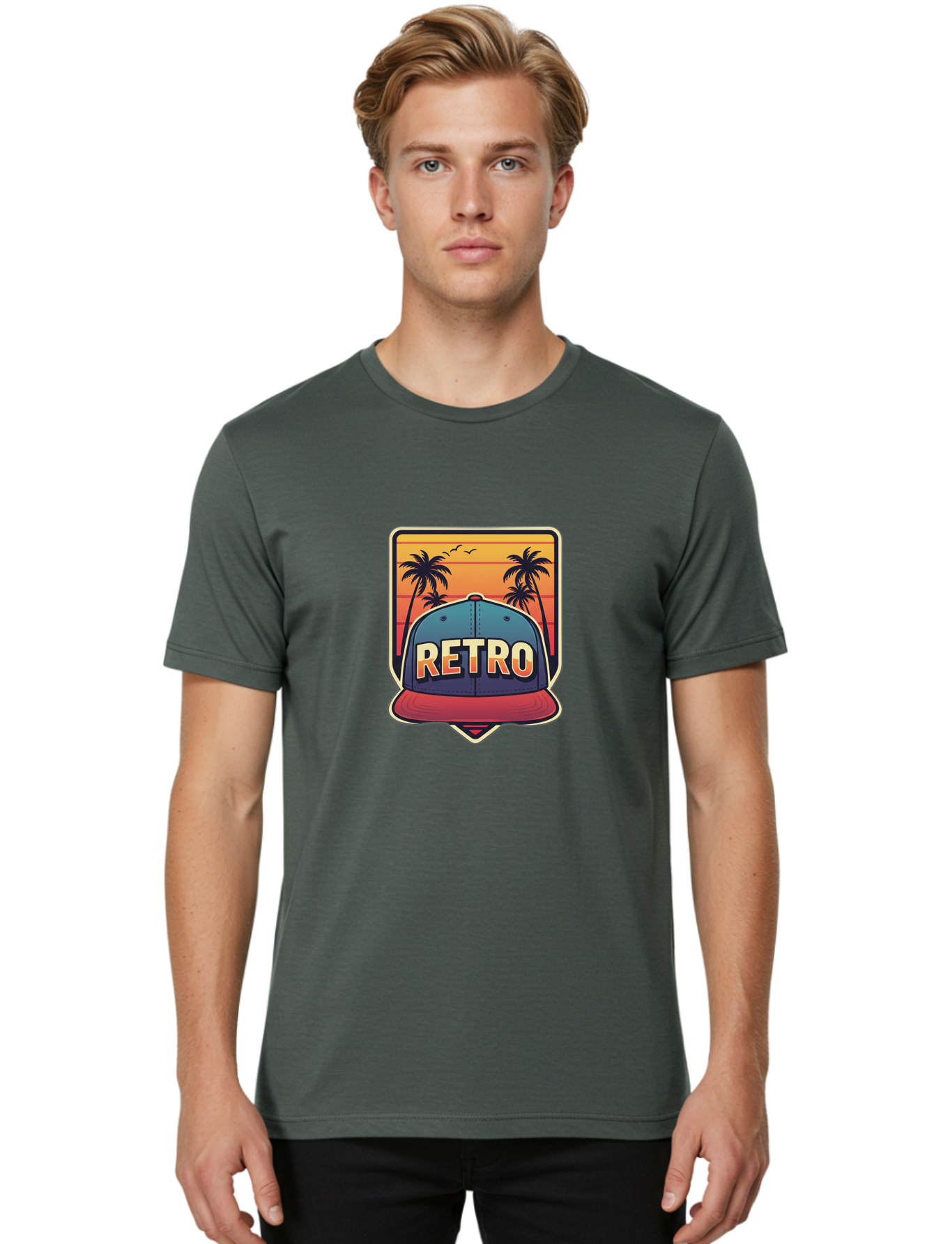 Retro Men'S Graphic Tee, 100% Cotton, Comfortable Casual Summer Wear, Machine Washable, Retro Style Baseball Cap, Vintage Fashion, Nostalgic Design, Palm Trees, Sunset Landscape, Orange Sky, Yellow Text, Red Brim, Blue Cap, Classic Look, Bad489