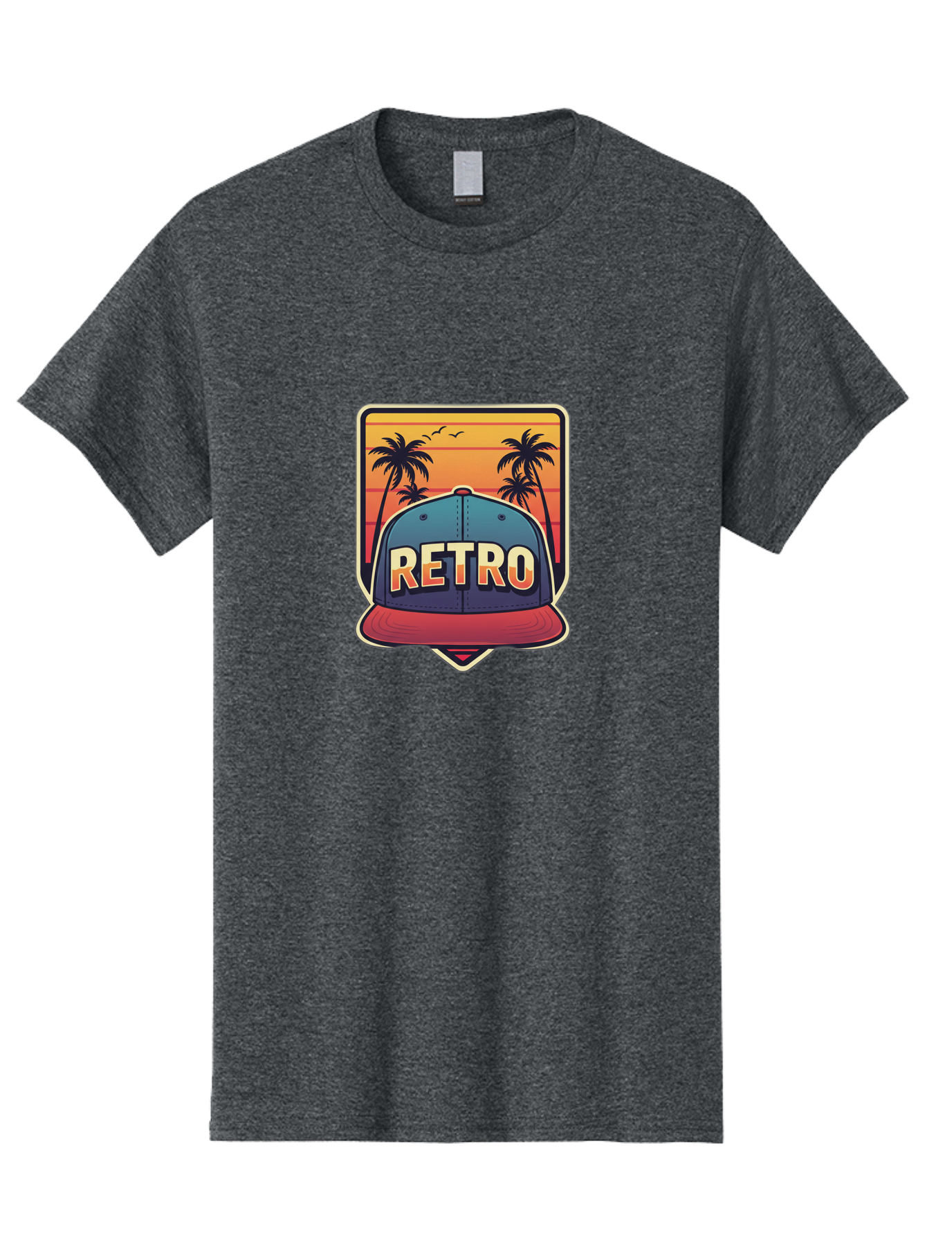 Retro Men'S Graphic Tee, 100% Cotton, Comfortable Casual Summer Wear, Machine Washable, Retro Style Baseball Cap, Vintage Fashion, Nostalgic Design, Palm Trees, Sunset Landscape, Orange Sky, Yellow Text, Red Brim, Blue Cap, Classic Look, Bad489