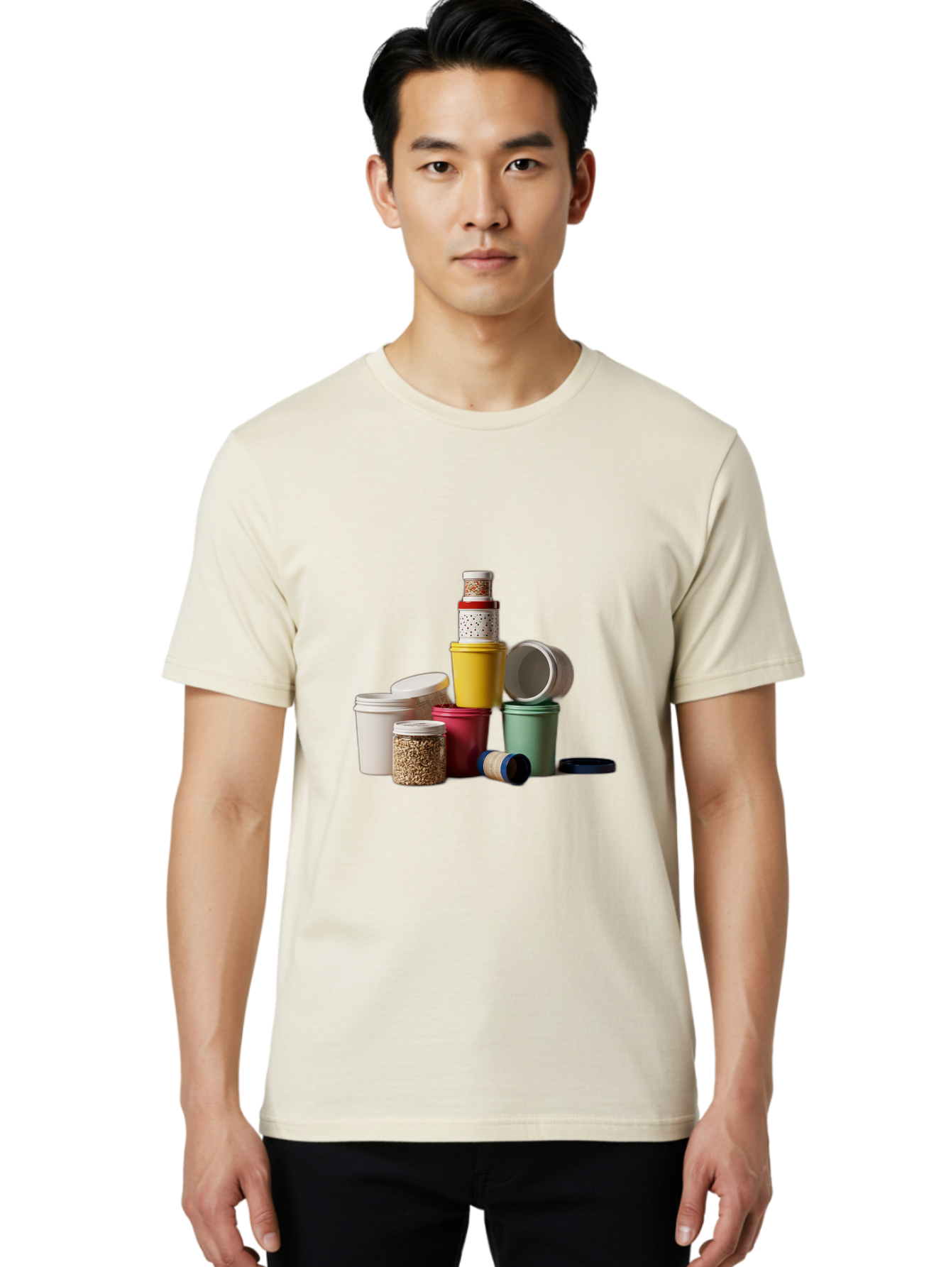Reusable-Containers Men'S Graphic Tee, 100% Cotton, Comfortable Casual Summer Wear, Machine Washable, Stacked Containers, Colorful Storage, Kitchen Organization, Various Sizes, Open And Closed Lids, Food Storage, Eco-Friendly Packaging, Bad490