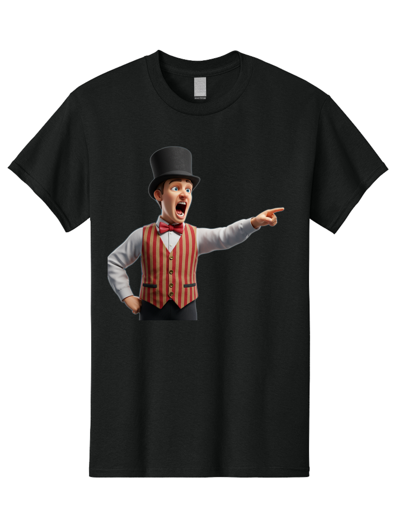Ringmaster Men'S Graphic Tee, 100% Cotton, Comfortable Casual Summer Wear, Machine Washable, Cartoon Ringmaster, Striped Vest, Top Hat, Bow Tie, Pointing Gesture, Circus Performer, Cartoon Character, Red And White Stripes, Bad491