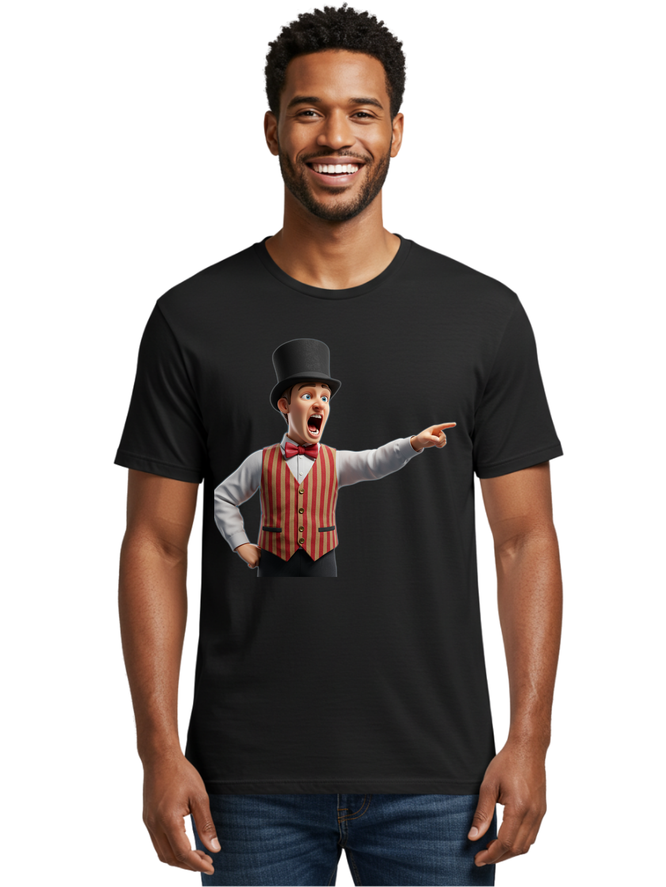Ringmaster Men'S Graphic Tee, 100% Cotton, Comfortable Casual Summer Wear, Machine Washable, Cartoon Ringmaster, Striped Vest, Top Hat, Bow Tie, Pointing Gesture, Circus Performer, Cartoon Character, Red And White Stripes, Bad491