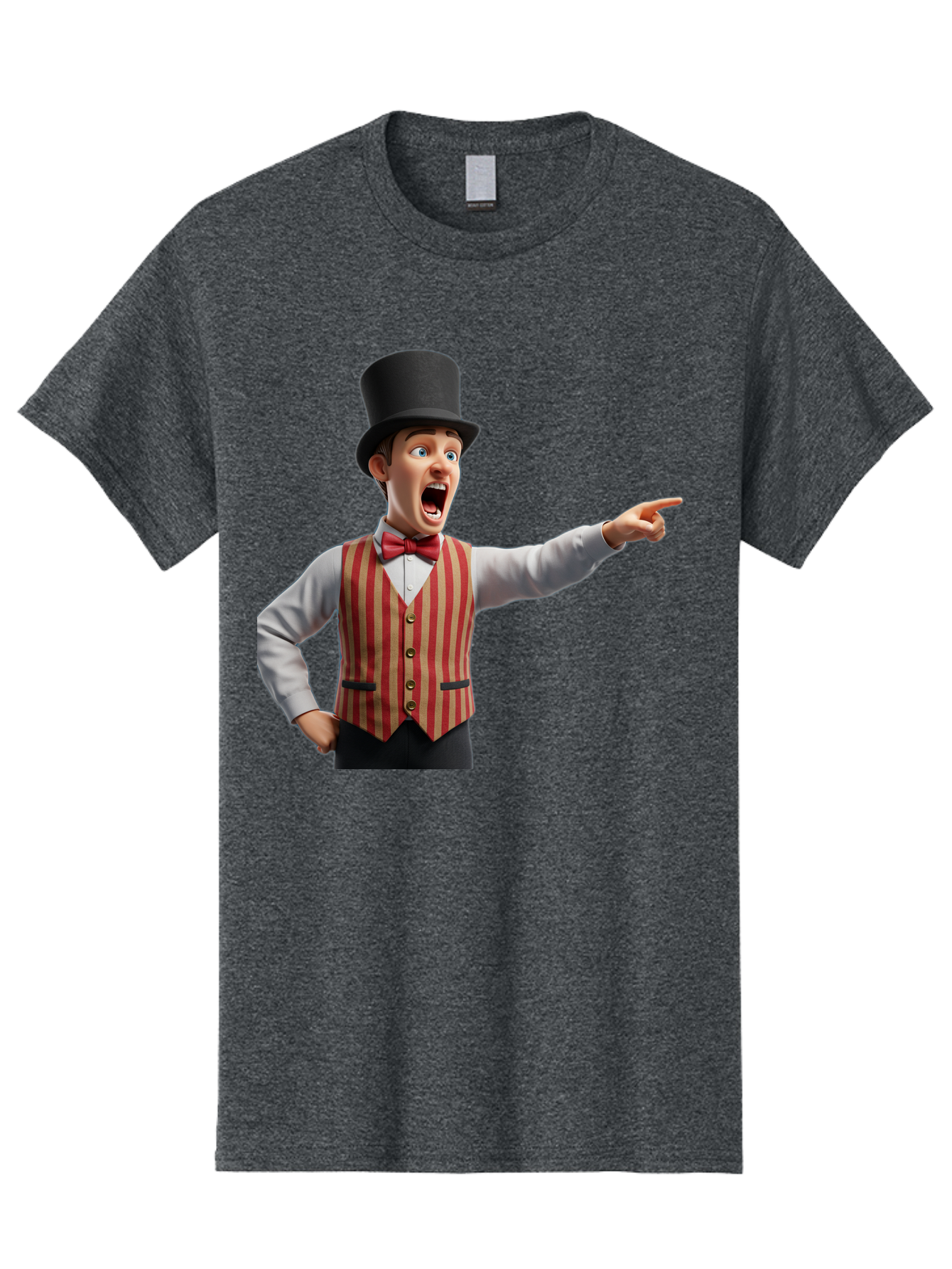 Ringmaster Men'S Graphic Tee, 100% Cotton, Comfortable Casual Summer Wear, Machine Washable, Cartoon Ringmaster, Striped Vest, Top Hat, Bow Tie, Pointing Gesture, Circus Performer, Cartoon Character, Red And White Stripes, Bad491