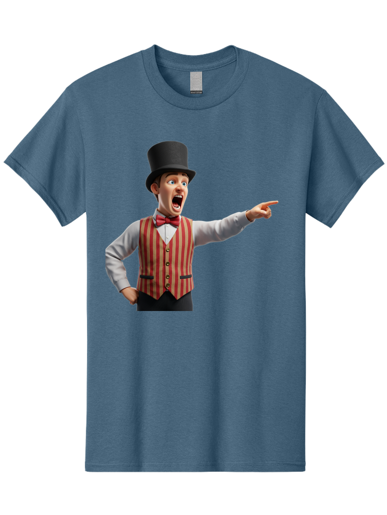 Ringmaster Men'S Graphic Tee, 100% Cotton, Comfortable Casual Summer Wear, Machine Washable, Cartoon Ringmaster, Striped Vest, Top Hat, Bow Tie, Pointing Gesture, Circus Performer, Cartoon Character, Red And White Stripes, Bad491