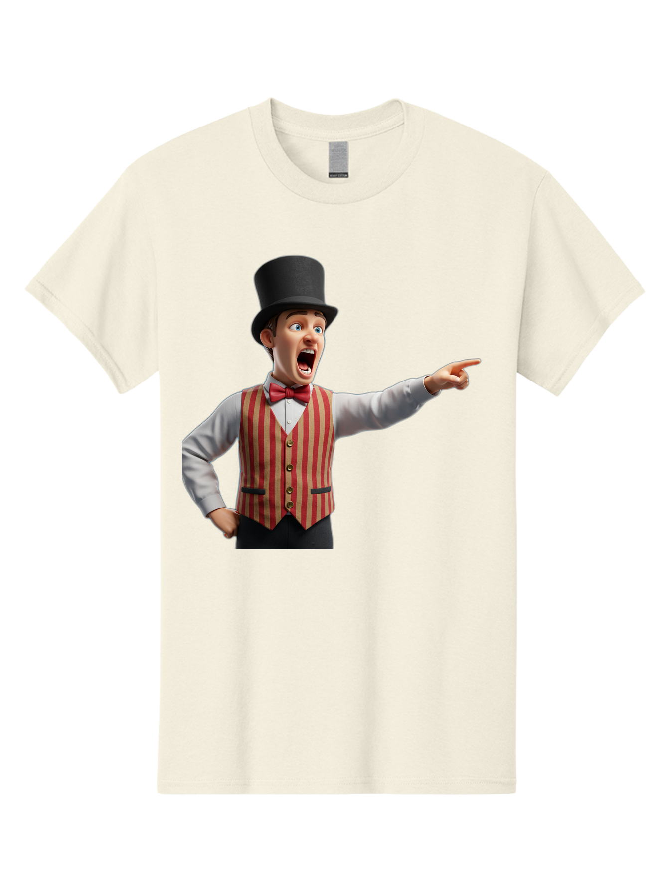 Ringmaster Men'S Graphic Tee, 100% Cotton, Comfortable Casual Summer Wear, Machine Washable, Cartoon Ringmaster, Striped Vest, Top Hat, Bow Tie, Pointing Gesture, Circus Performer, Cartoon Character, Red And White Stripes, Bad491