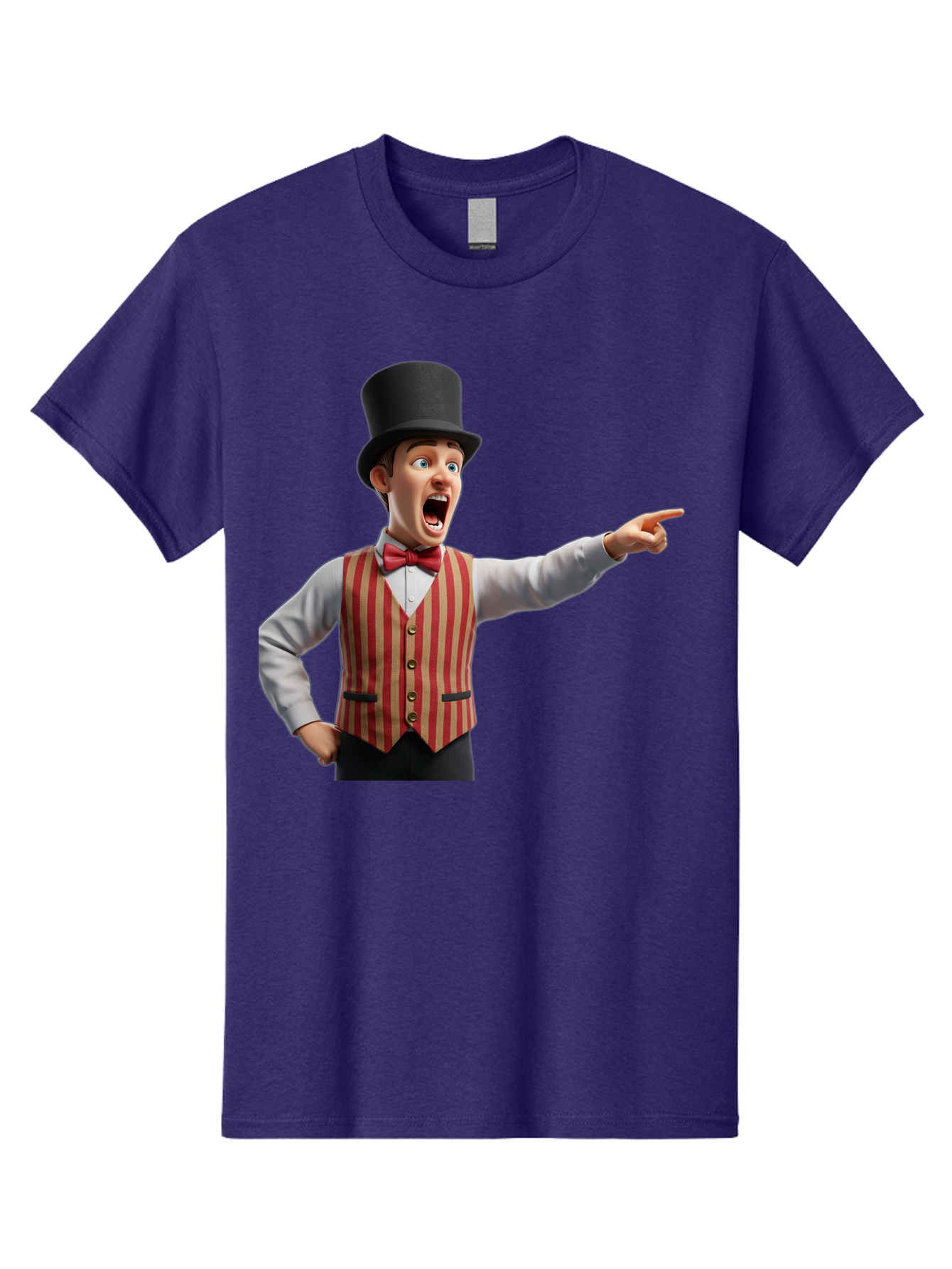 Ringmaster Men'S Graphic Tee, 100% Cotton, Comfortable Casual Summer Wear, Machine Washable, Cartoon Ringmaster, Striped Vest, Top Hat, Bow Tie, Pointing Gesture, Circus Performer, Cartoon Character, Red And White Stripes, Bad491