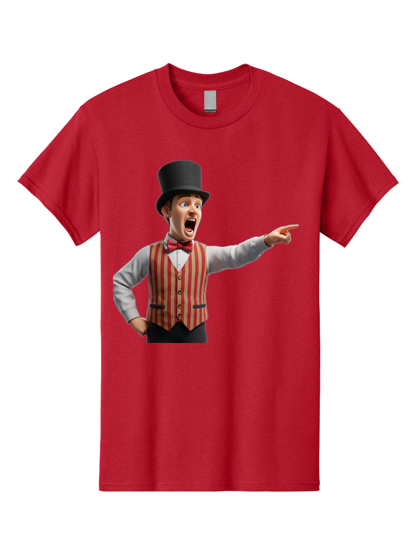 Ringmaster Men'S Graphic Tee, 100% Cotton, Comfortable Casual Summer Wear, Machine Washable, Cartoon Ringmaster, Striped Vest, Top Hat, Bow Tie, Pointing Gesture, Circus Performer, Cartoon Character, Red And White Stripes, Bad491