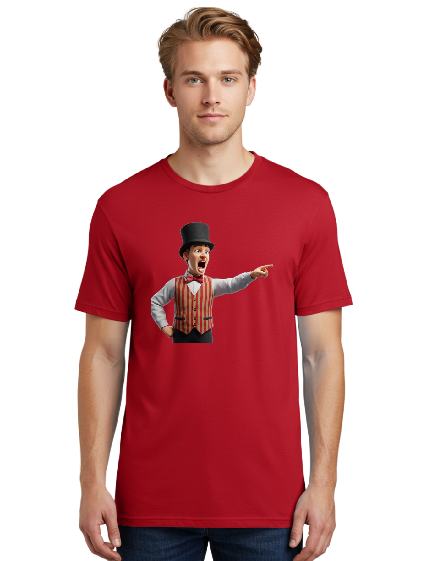 Ringmaster Men'S Graphic Tee, 100% Cotton, Comfortable Casual Summer Wear, Machine Washable, Cartoon Ringmaster, Striped Vest, Top Hat, Bow Tie, Pointing Gesture, Circus Performer, Cartoon Character, Red And White Stripes, Bad491