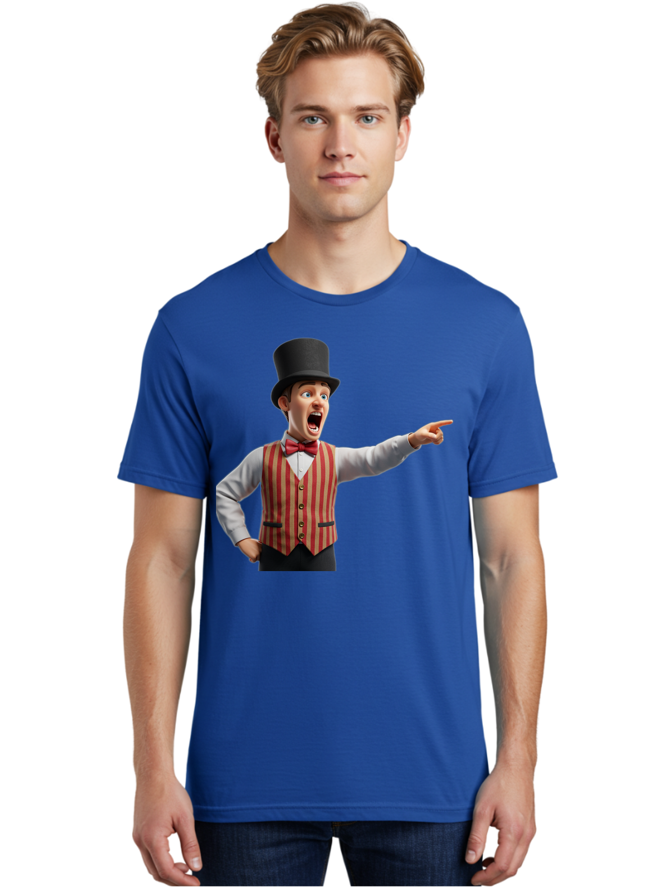 Ringmaster Men'S Graphic Tee, 100% Cotton, Comfortable Casual Summer Wear, Machine Washable, Cartoon Ringmaster, Striped Vest, Top Hat, Bow Tie, Pointing Gesture, Circus Performer, Cartoon Character, Red And White Stripes, Bad491