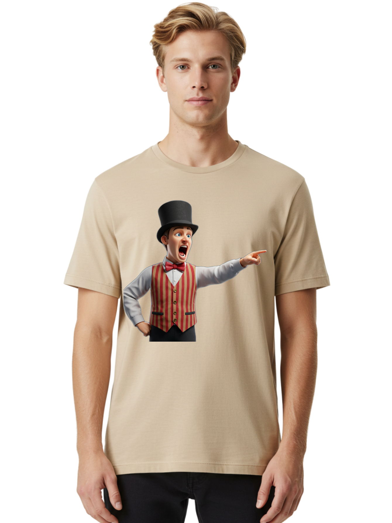 Ringmaster Men'S Graphic Tee, 100% Cotton, Comfortable Casual Summer Wear, Machine Washable, Cartoon Ringmaster, Striped Vest, Top Hat, Bow Tie, Pointing Gesture, Circus Performer, Cartoon Character, Red And White Stripes, Bad491