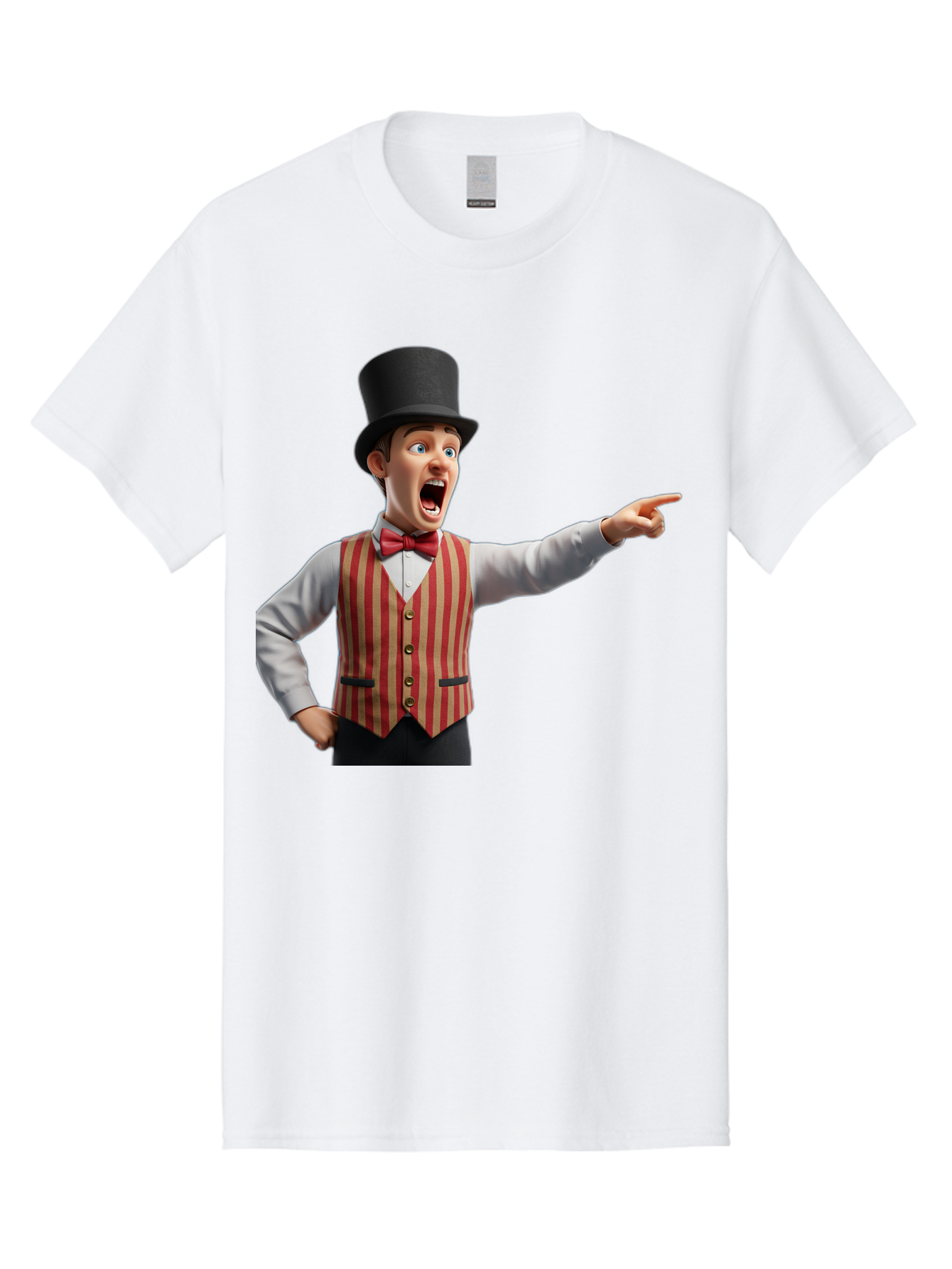 Ringmaster Men'S Graphic Tee, 100% Cotton, Comfortable Casual Summer Wear, Machine Washable, Cartoon Ringmaster, Striped Vest, Top Hat, Bow Tie, Pointing Gesture, Circus Performer, Cartoon Character, Red And White Stripes, Bad491