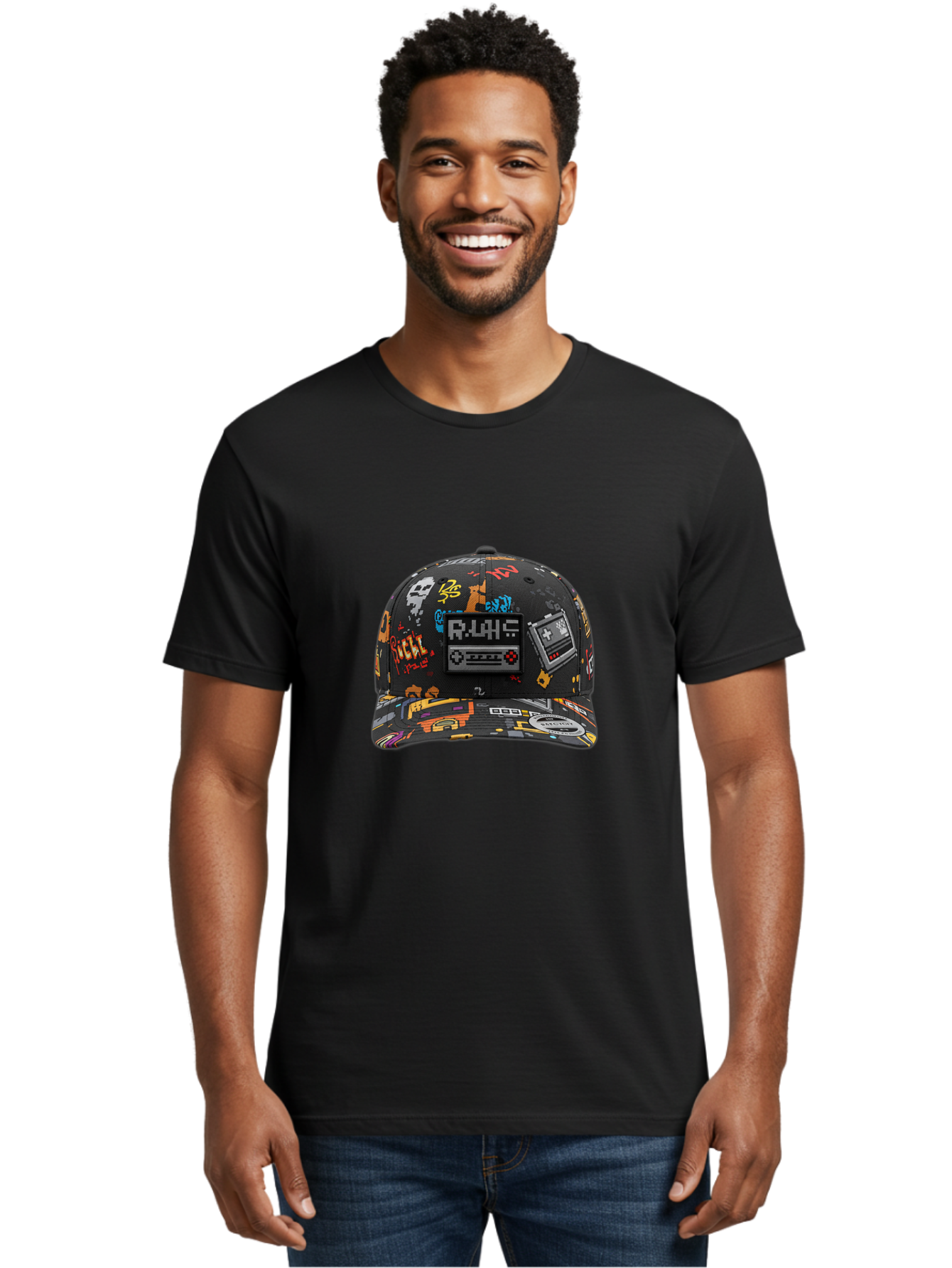 Rlyr-Baseball-Cap Men'S Graphic Tee, 100% Cotton, Comfortable Casual Summer Wear, Machine Washable, Rlyr Baseball Cap, Gaming Hat, Streetwear Fashion, Retro Gaming, Graffiti Style, Bold Graphics, Video Game Controller, Cassette Tape Design Bad492