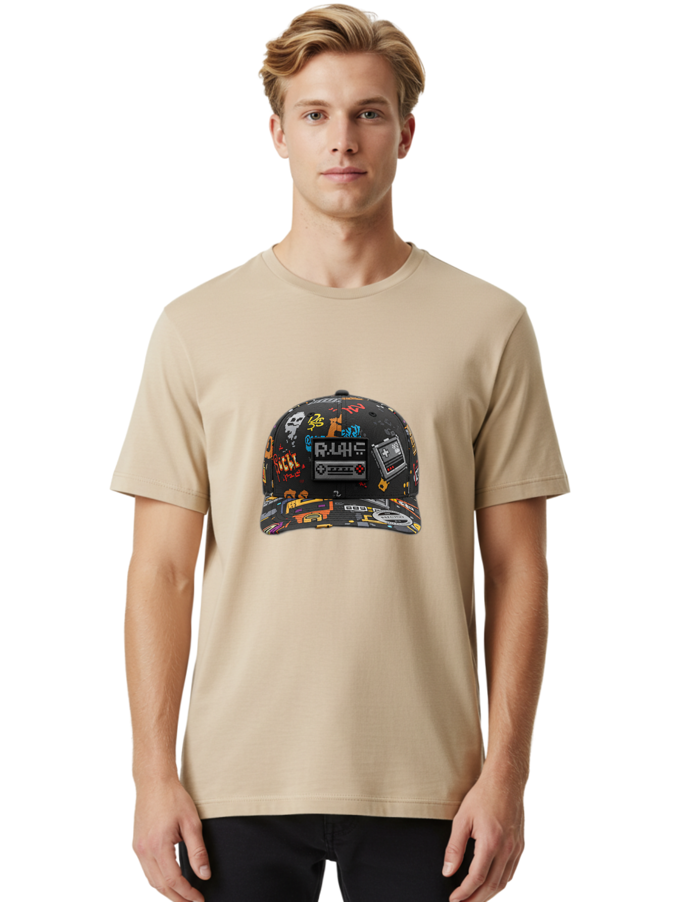 Rlyr-Baseball-Cap Men'S Graphic Tee, 100% Cotton, Comfortable Casual Summer Wear, Machine Washable, Rlyr Baseball Cap, Gaming Hat, Streetwear Fashion, Retro Gaming, Graffiti Style, Bold Graphics, Video Game Controller, Cassette Tape Design Bad492