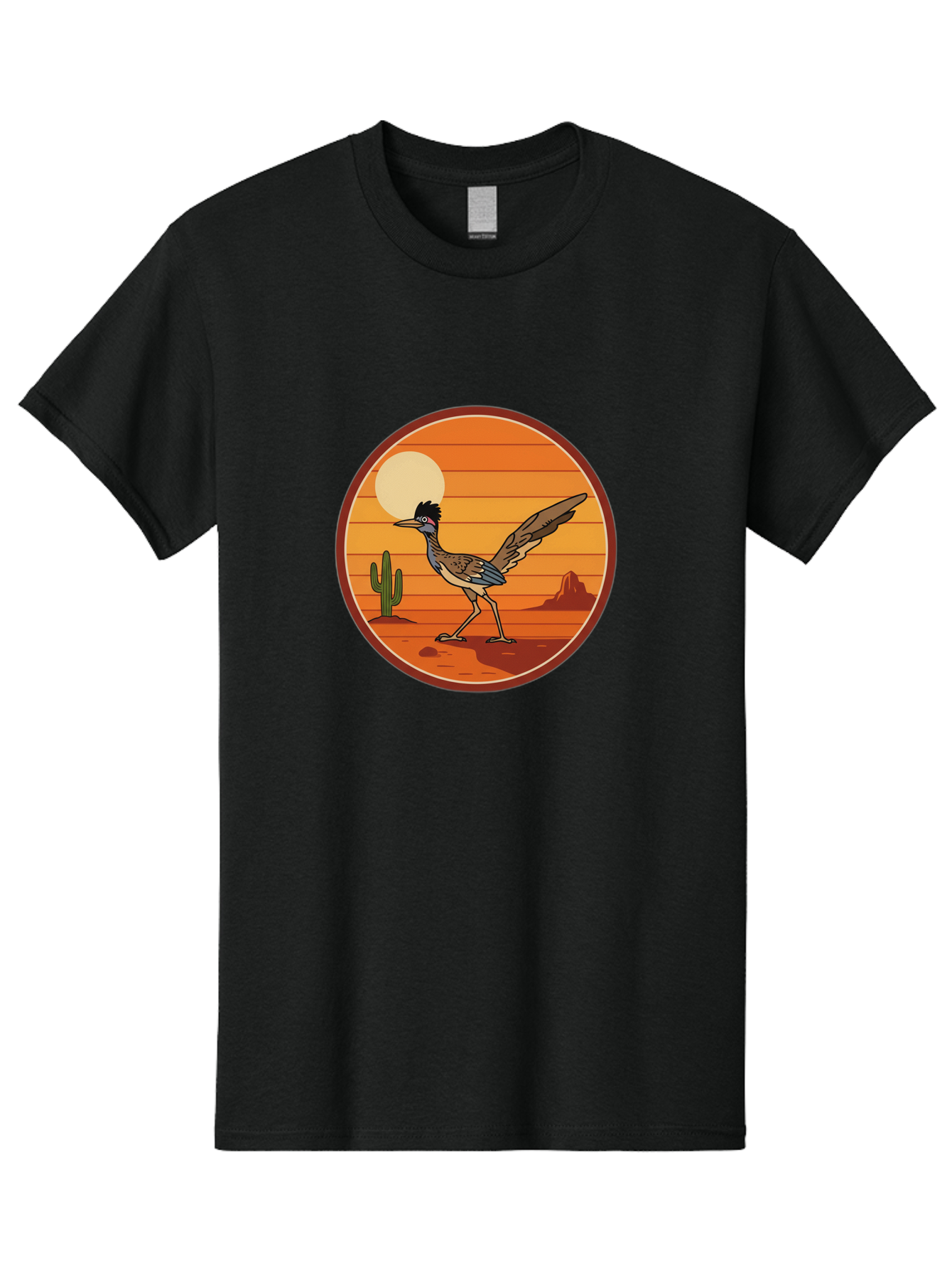 Roadrunner-Desert-Sunset Men'S Graphic Tee, 100% Cotton, Comfortable Casual Summer Wear, Machine Washable, Roadrunner In The Desert, Desert Sunset, Southwestern Landscape, Cactus, Rocky Terrain, Full Moon, Roadrunner Illustration, Bad493