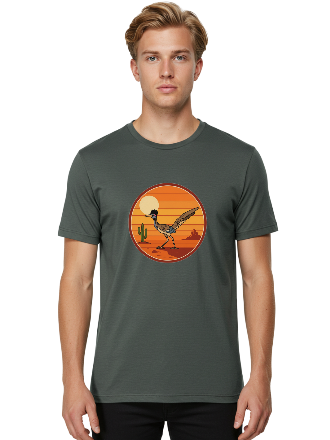 Roadrunner-Desert-Sunset Men'S Graphic Tee, 100% Cotton, Comfortable Casual Summer Wear, Machine Washable, Roadrunner In The Desert, Desert Sunset, Southwestern Landscape, Cactus, Rocky Terrain, Full Moon, Roadrunner Illustration, Bad493