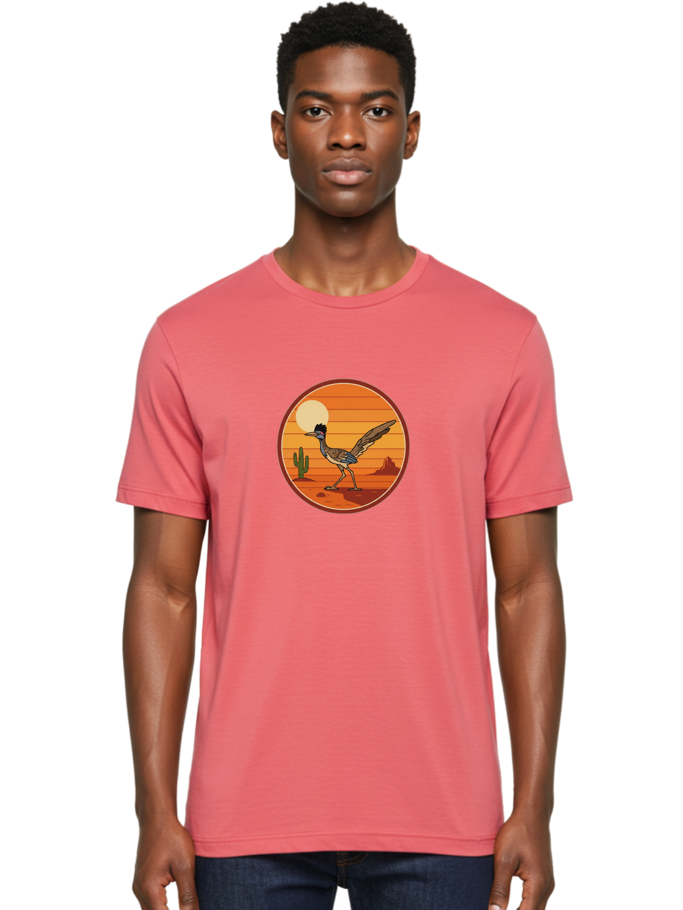 Roadrunner-Desert-Sunset Men'S Graphic Tee, 100% Cotton, Comfortable Casual Summer Wear, Machine Washable, Roadrunner In The Desert, Desert Sunset, Southwestern Landscape, Cactus, Rocky Terrain, Full Moon, Roadrunner Illustration, Bad493