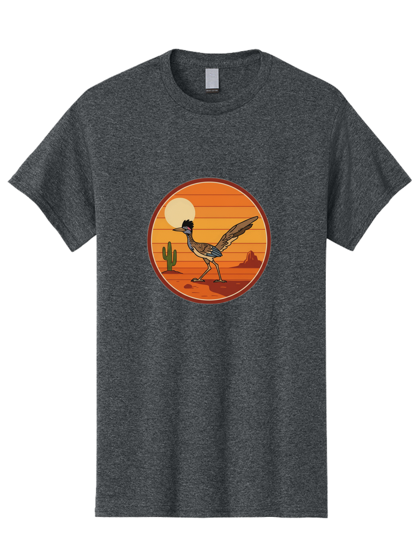 Roadrunner-Desert-Sunset Men'S Graphic Tee, 100% Cotton, Comfortable Casual Summer Wear, Machine Washable, Roadrunner In The Desert, Desert Sunset, Southwestern Landscape, Cactus, Rocky Terrain, Full Moon, Roadrunner Illustration, Bad493