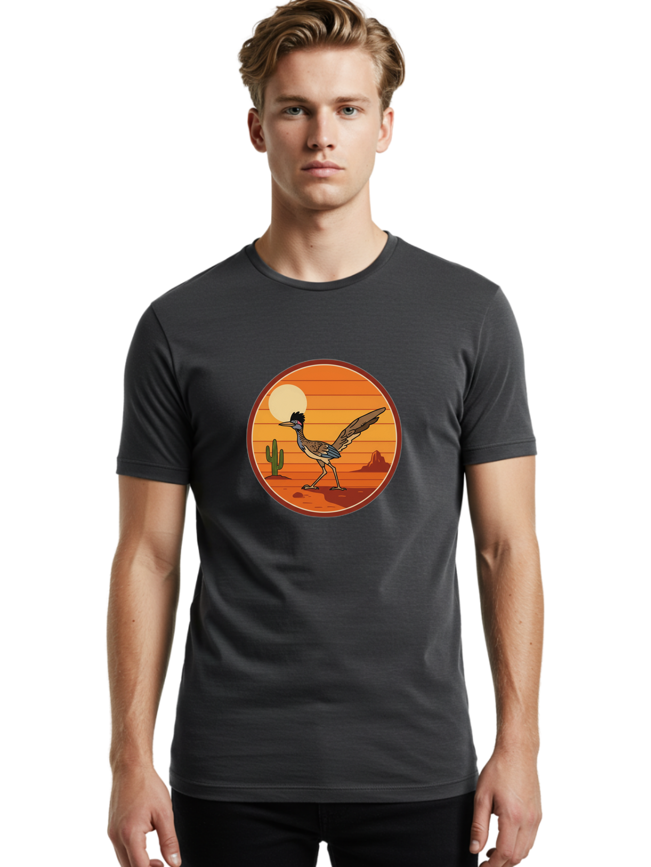 Roadrunner-Desert-Sunset Men'S Graphic Tee, 100% Cotton, Comfortable Casual Summer Wear, Machine Washable, Roadrunner In The Desert, Desert Sunset, Southwestern Landscape, Cactus, Rocky Terrain, Full Moon, Roadrunner Illustration, Bad493