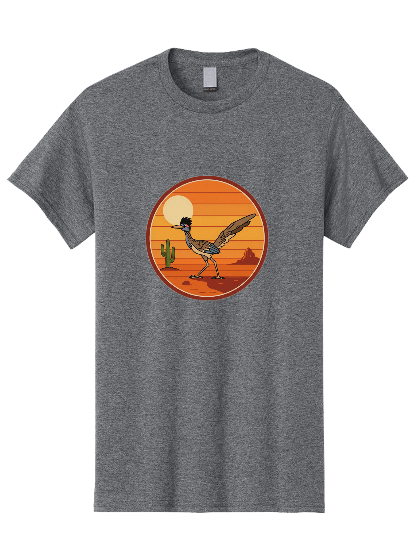 Roadrunner-Desert-Sunset Men'S Graphic Tee, 100% Cotton, Comfortable Casual Summer Wear, Machine Washable, Roadrunner In The Desert, Desert Sunset, Southwestern Landscape, Cactus, Rocky Terrain, Full Moon, Roadrunner Illustration, Bad493