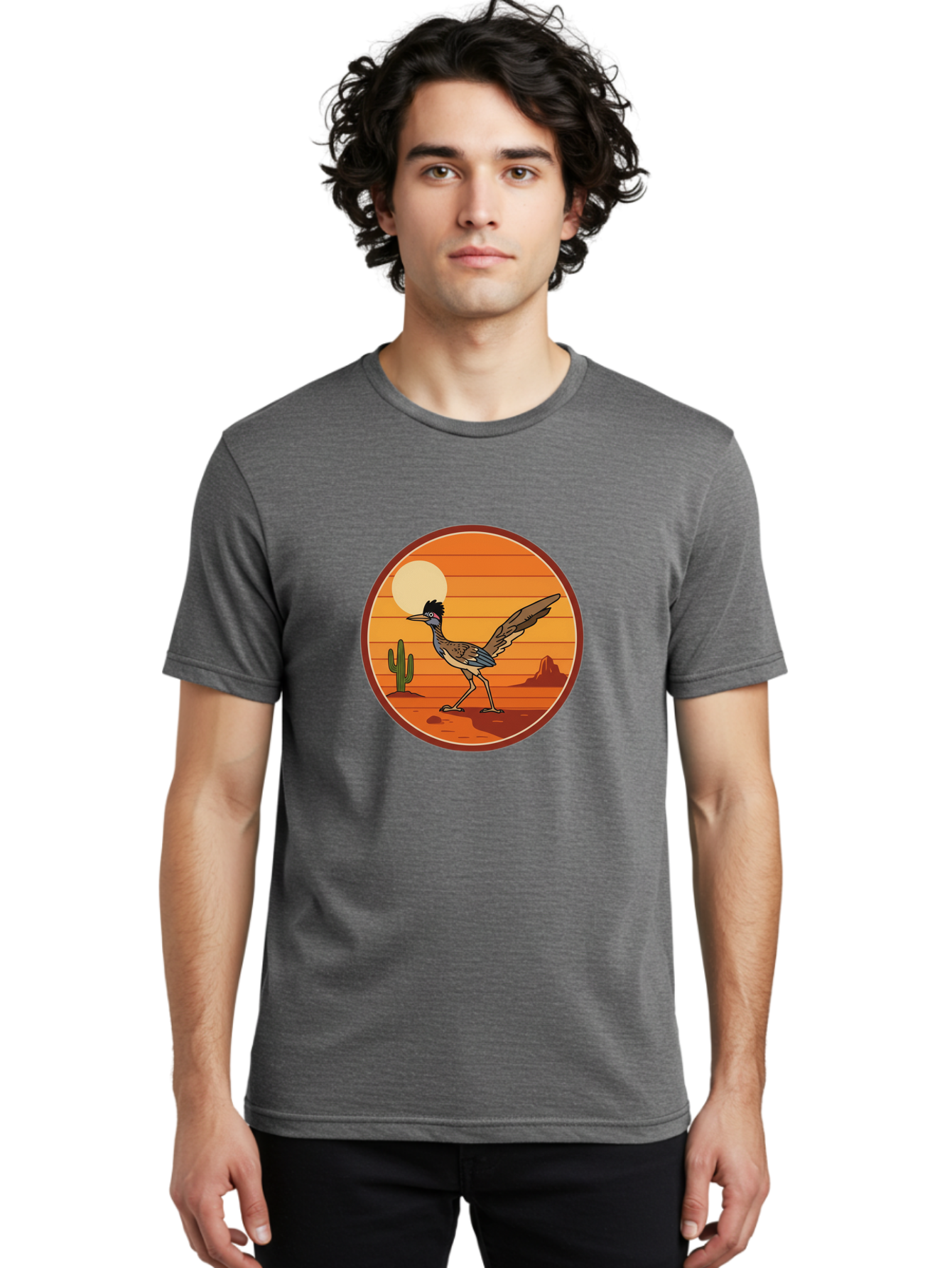 Roadrunner-Desert-Sunset Men'S Graphic Tee, 100% Cotton, Comfortable Casual Summer Wear, Machine Washable, Roadrunner In The Desert, Desert Sunset, Southwestern Landscape, Cactus, Rocky Terrain, Full Moon, Roadrunner Illustration, Bad493