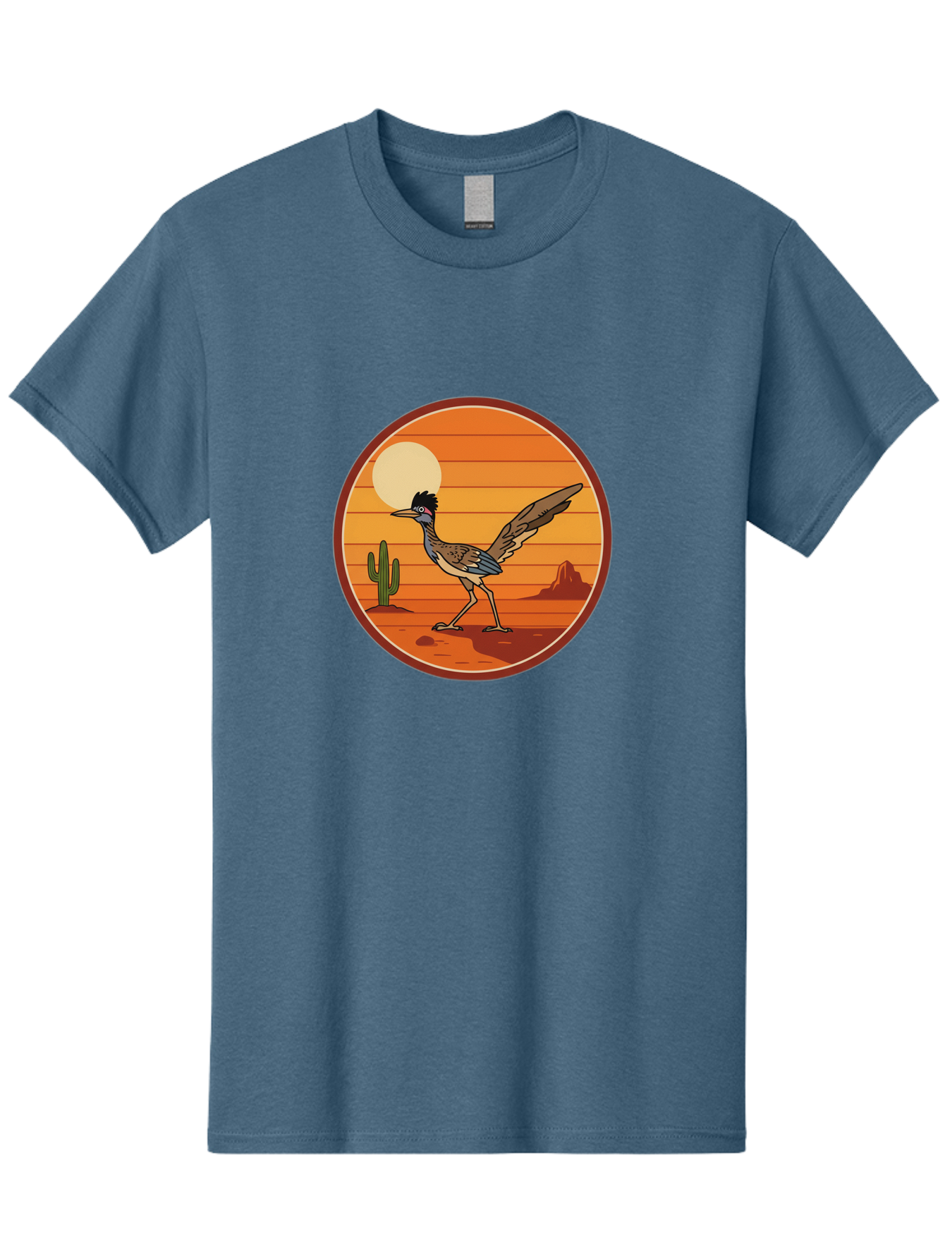 Roadrunner-Desert-Sunset Men'S Graphic Tee, 100% Cotton, Comfortable Casual Summer Wear, Machine Washable, Roadrunner In The Desert, Desert Sunset, Southwestern Landscape, Cactus, Rocky Terrain, Full Moon, Roadrunner Illustration, Bad493