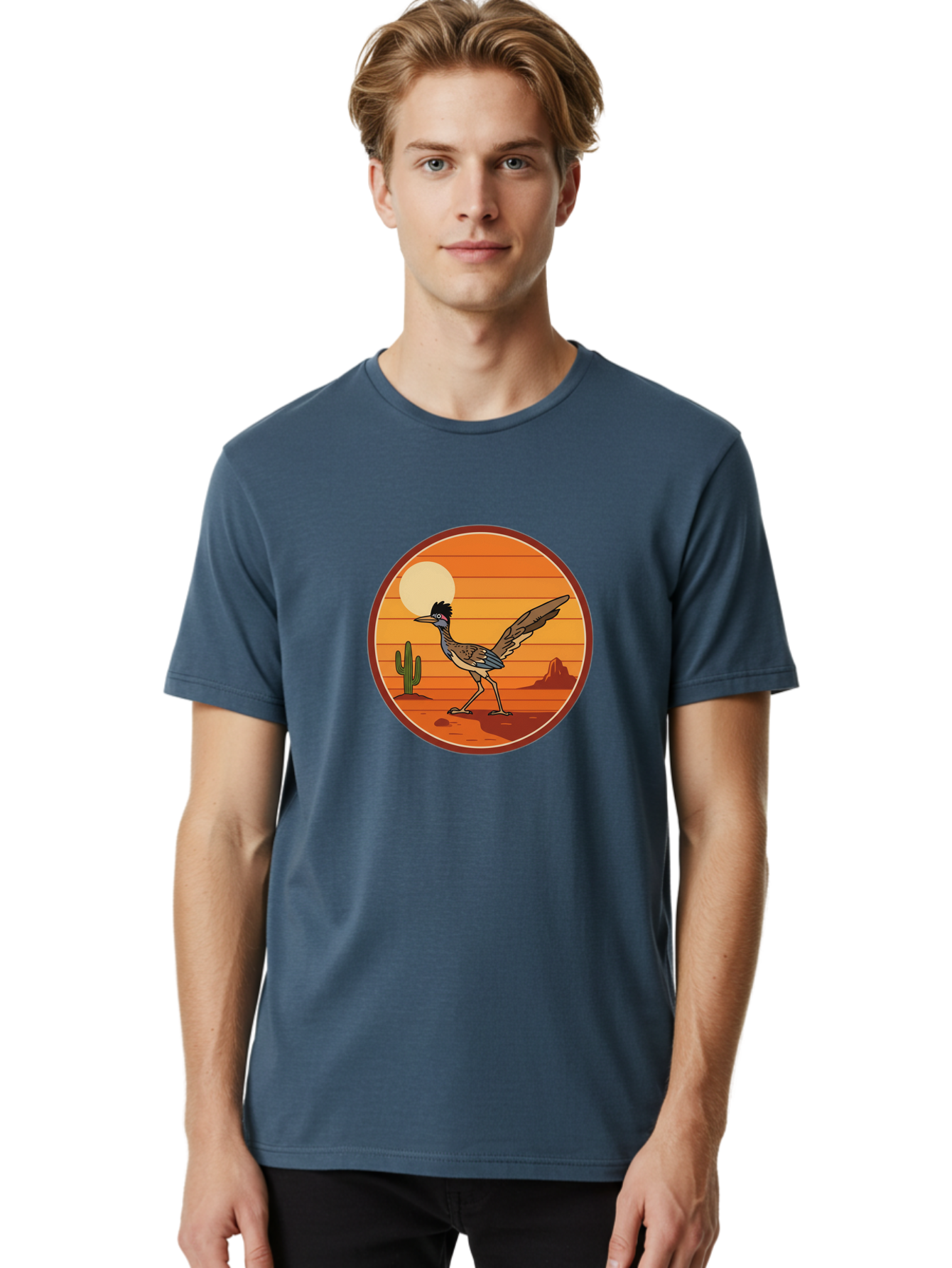 Roadrunner-Desert-Sunset Men'S Graphic Tee, 100% Cotton, Comfortable Casual Summer Wear, Machine Washable, Roadrunner In The Desert, Desert Sunset, Southwestern Landscape, Cactus, Rocky Terrain, Full Moon, Roadrunner Illustration, Bad493