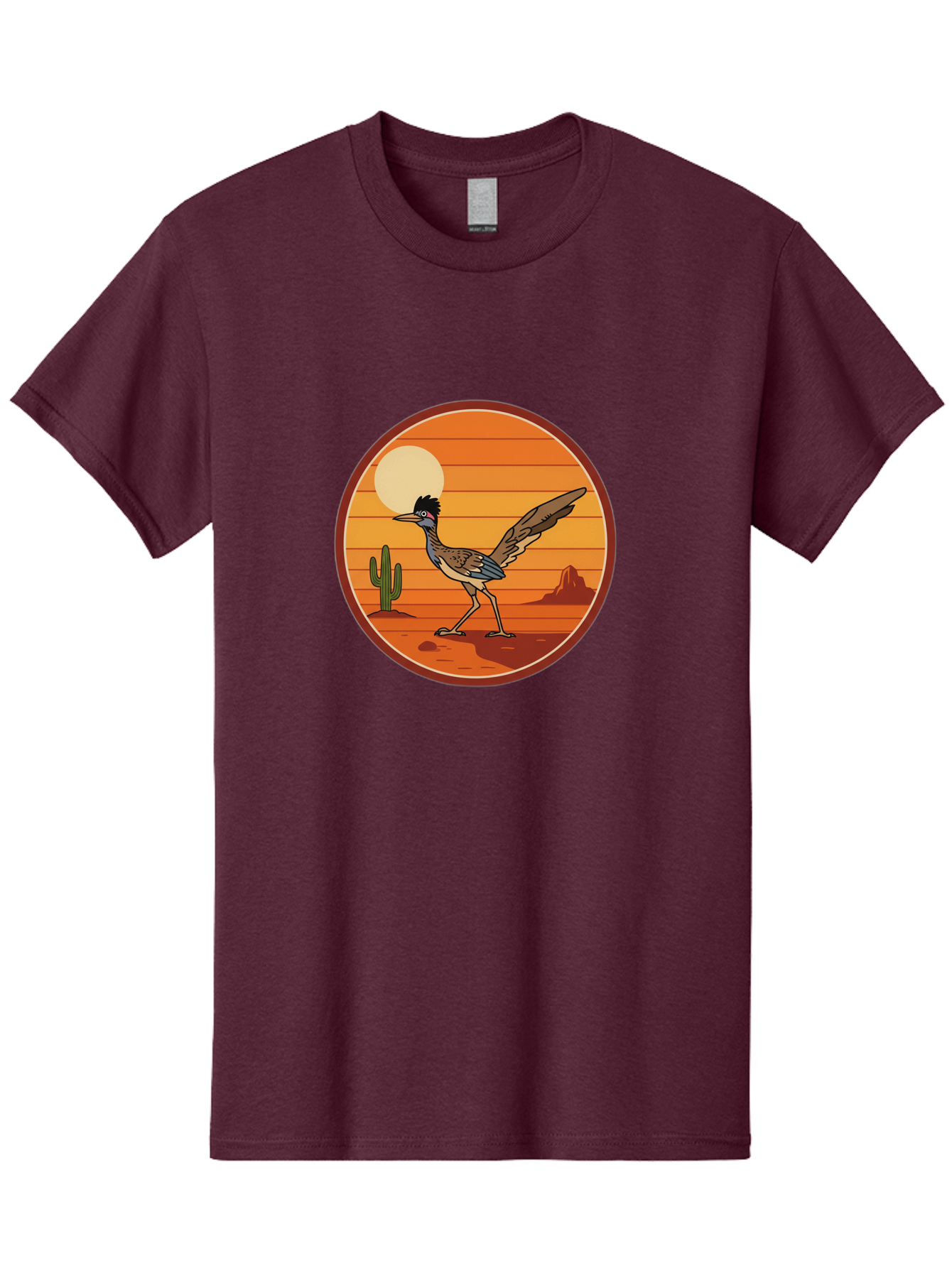 Roadrunner-Desert-Sunset Men'S Graphic Tee, 100% Cotton, Comfortable Casual Summer Wear, Machine Washable, Roadrunner In The Desert, Desert Sunset, Southwestern Landscape, Cactus, Rocky Terrain, Full Moon, Roadrunner Illustration, Bad493