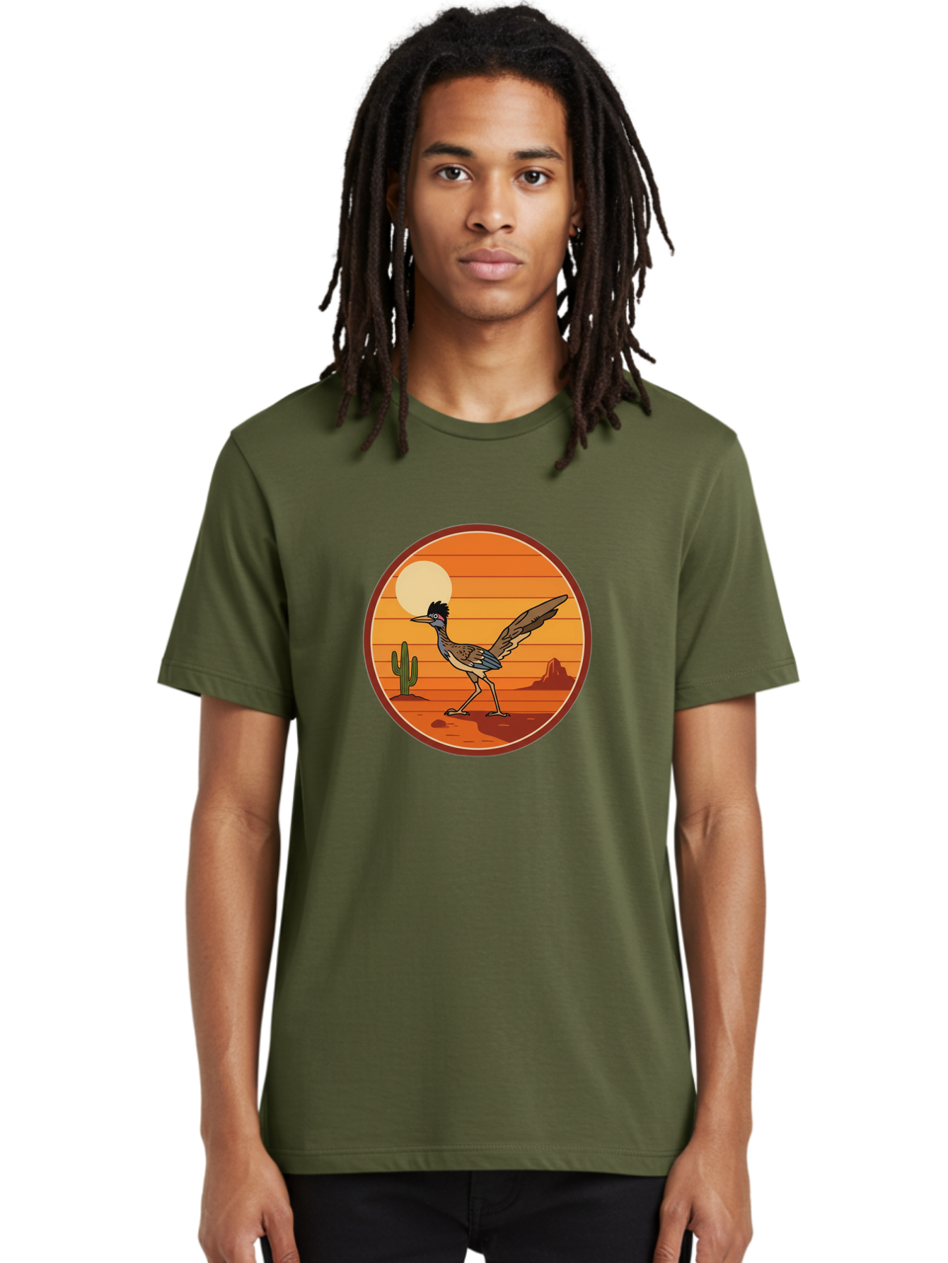 Roadrunner-Desert-Sunset Men'S Graphic Tee, 100% Cotton, Comfortable Casual Summer Wear, Machine Washable, Roadrunner In The Desert, Desert Sunset, Southwestern Landscape, Cactus, Rocky Terrain, Full Moon, Roadrunner Illustration, Bad493