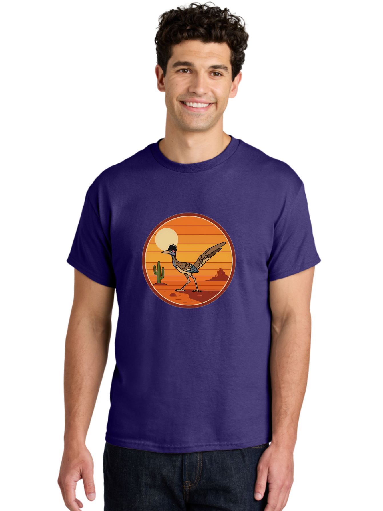 Roadrunner-Desert-Sunset Men'S Graphic Tee, 100% Cotton, Comfortable Casual Summer Wear, Machine Washable, Roadrunner In The Desert, Desert Sunset, Southwestern Landscape, Cactus, Rocky Terrain, Full Moon, Roadrunner Illustration, Bad493