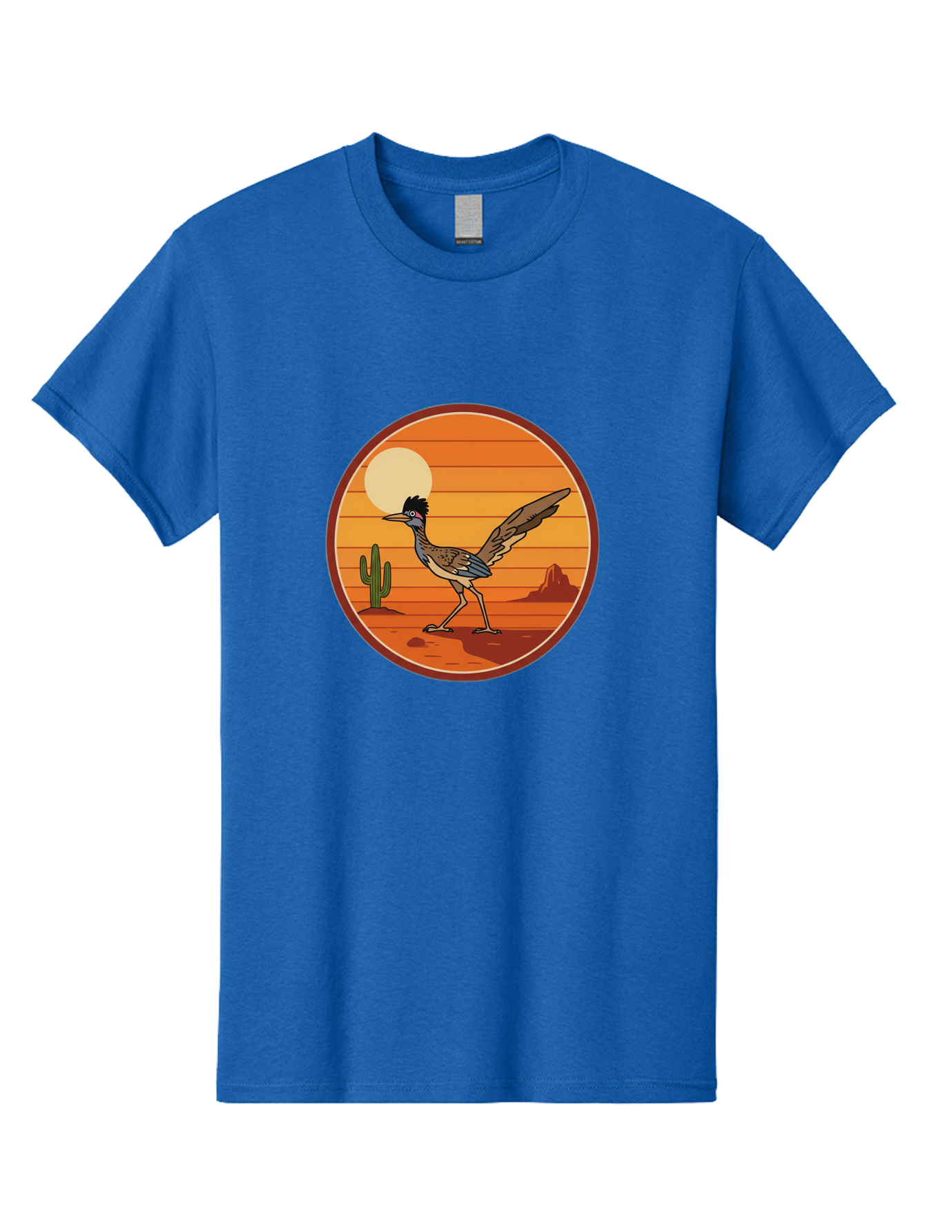 Roadrunner-Desert-Sunset Men'S Graphic Tee, 100% Cotton, Comfortable Casual Summer Wear, Machine Washable, Roadrunner In The Desert, Desert Sunset, Southwestern Landscape, Cactus, Rocky Terrain, Full Moon, Roadrunner Illustration, Bad493