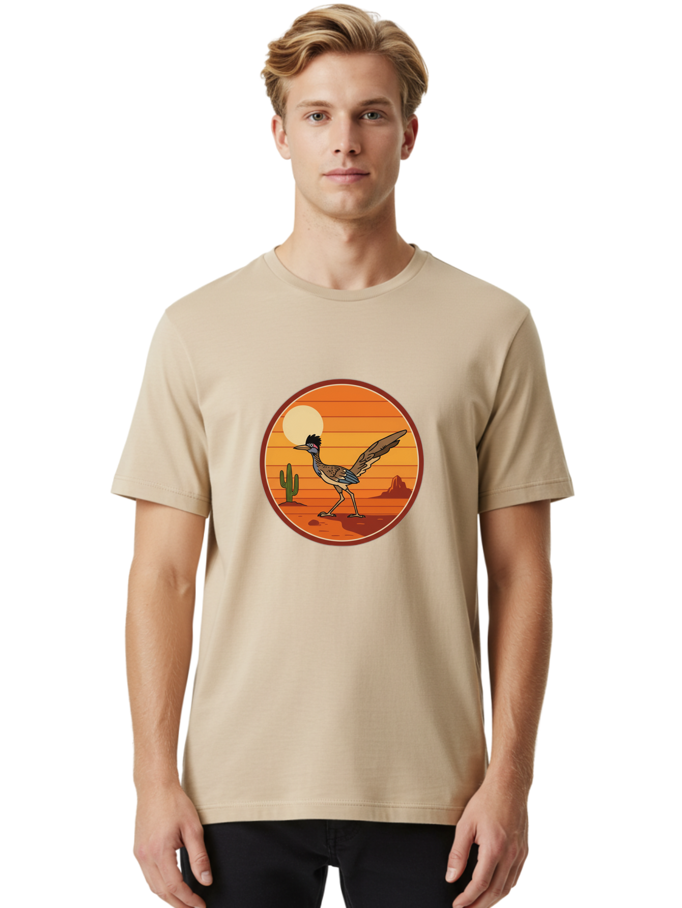 Roadrunner-Desert-Sunset Men'S Graphic Tee, 100% Cotton, Comfortable Casual Summer Wear, Machine Washable, Roadrunner In The Desert, Desert Sunset, Southwestern Landscape, Cactus, Rocky Terrain, Full Moon, Roadrunner Illustration, Bad493