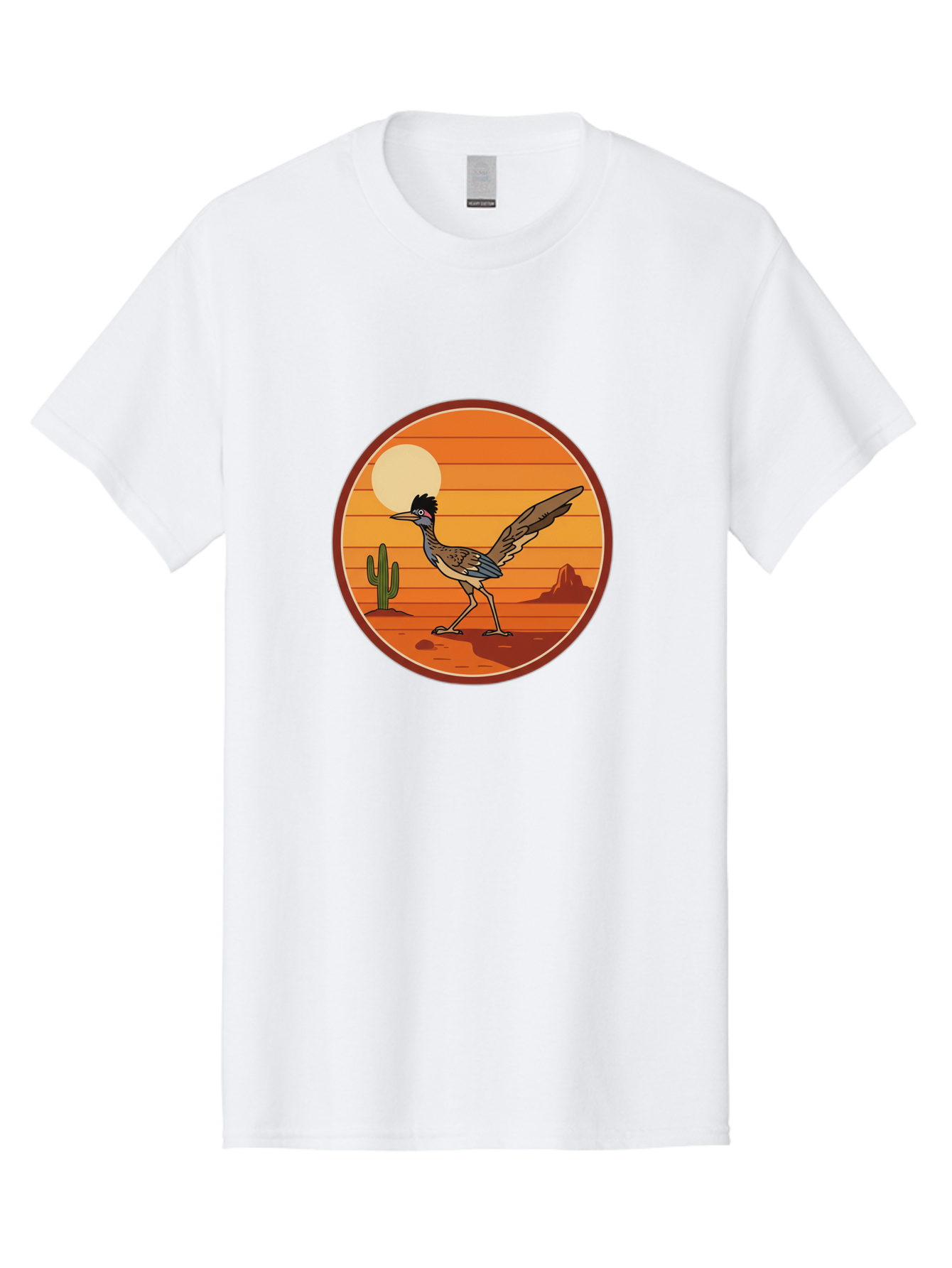 Roadrunner-Desert-Sunset Men'S Graphic Tee, 100% Cotton, Comfortable Casual Summer Wear, Machine Washable, Roadrunner In The Desert, Desert Sunset, Southwestern Landscape, Cactus, Rocky Terrain, Full Moon, Roadrunner Illustration, Bad493