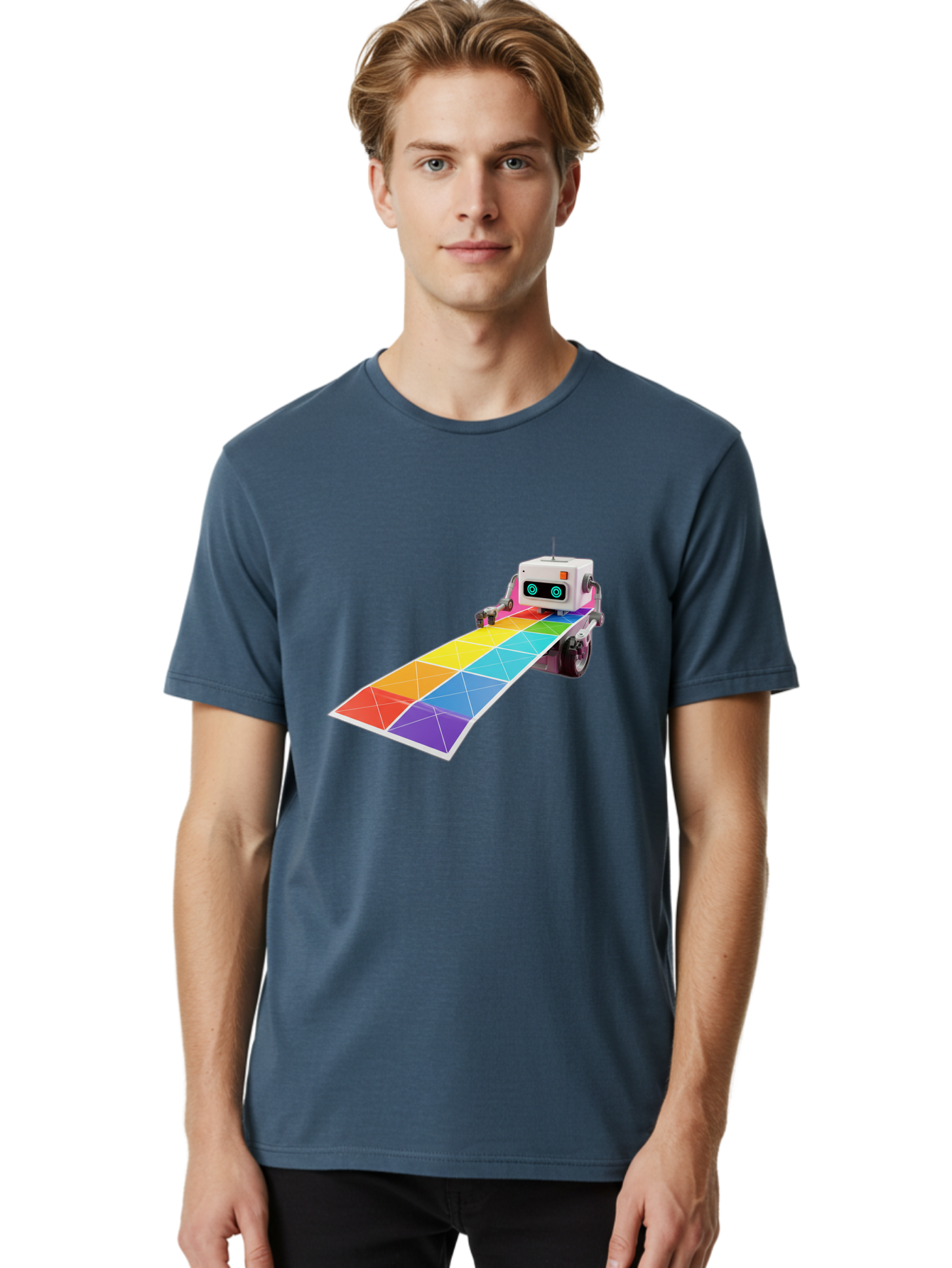 Robot-Dj-Booth Men'S Graphic Tee, 100% Cotton, Comfortable Casual Summer Wear, Machine Washable, Robot Dj, Colorful Turntable, Rainbow-Colored Dj Deck, Music Production, Electronic Dance Music, Futuristic Technology, Dance Floor Vibes, Bad494