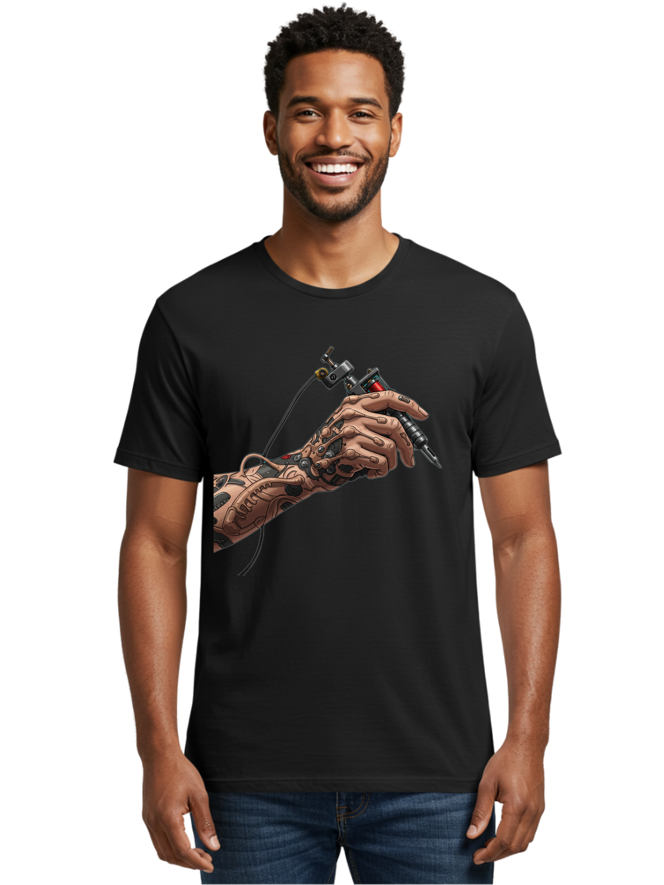 Robot-Hand-Tattoo-Machine Men'S Graphic Tee, 100% Cotton, Comfortable Casual Summer Wear, Machine Washable, Robotic Hand, Tattoo Machine, Mechanical Arm, Futuristic Art, Tattoo Artist, Robotic Precision, Mechanical Limb, Tattoo Design Bad495