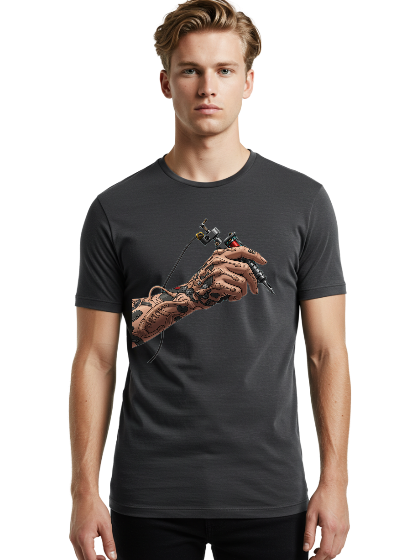 Robot-Hand-Tattoo-Machine Men'S Graphic Tee, 100% Cotton, Comfortable Casual Summer Wear, Machine Washable, Robotic Hand, Tattoo Machine, Mechanical Arm, Futuristic Art, Tattoo Artist, Robotic Precision, Mechanical Limb, Tattoo Design Bad495