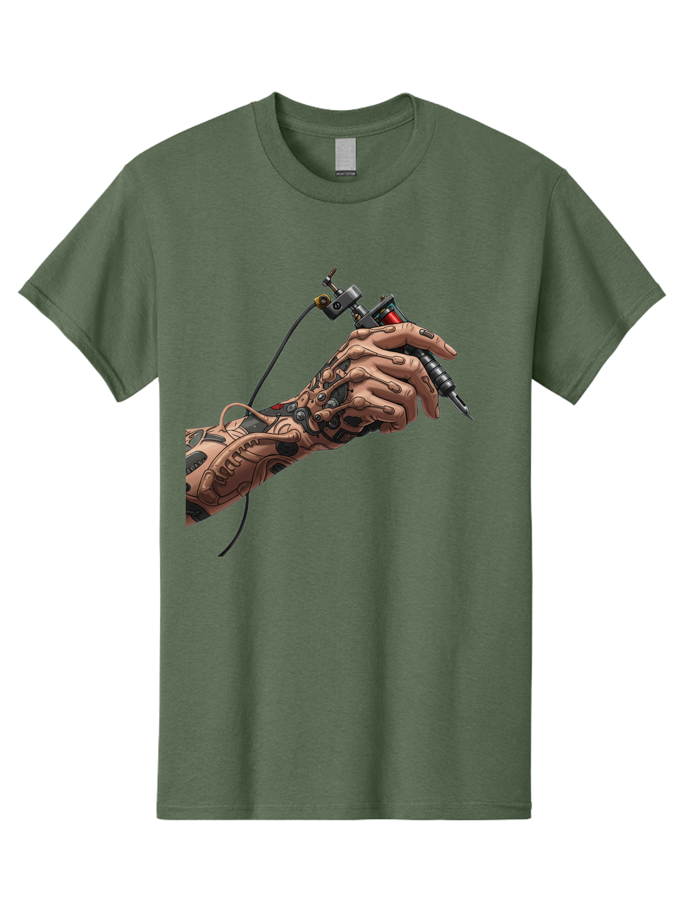 Robot-Hand-Tattoo-Machine Men'S Graphic Tee, 100% Cotton, Comfortable Casual Summer Wear, Machine Washable, Robotic Hand, Tattoo Machine, Mechanical Arm, Futuristic Art, Tattoo Artist, Robotic Precision, Mechanical Limb, Tattoo Design Bad495